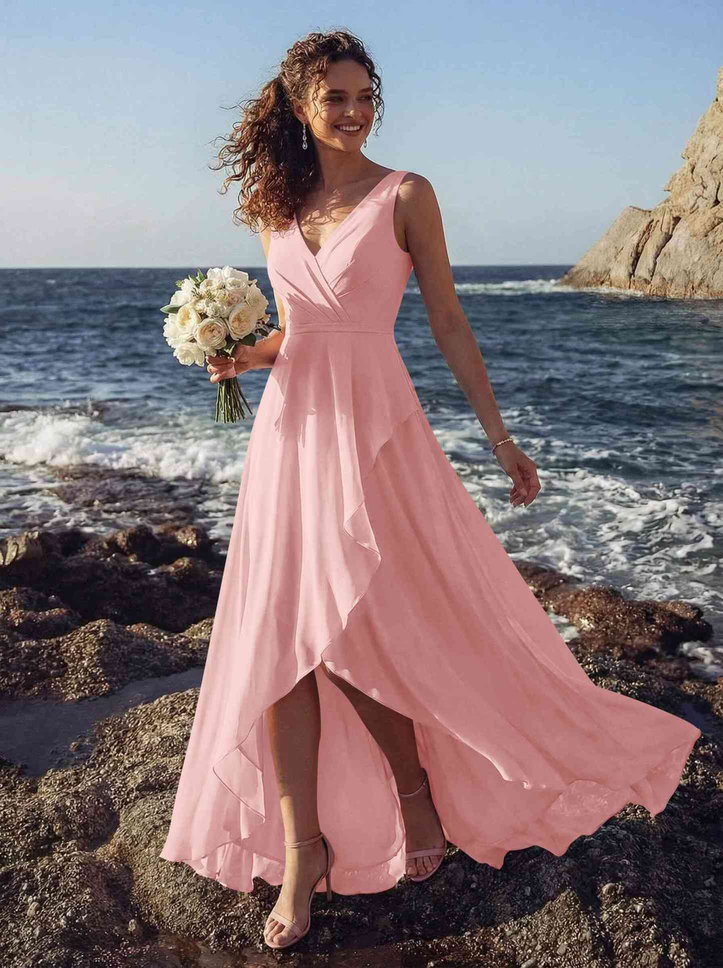 A-Line V-Neck Sleeveless Regular Straps Chiffon Asymmetrical Bridesmaid Dresses With Ruffle, product image 43