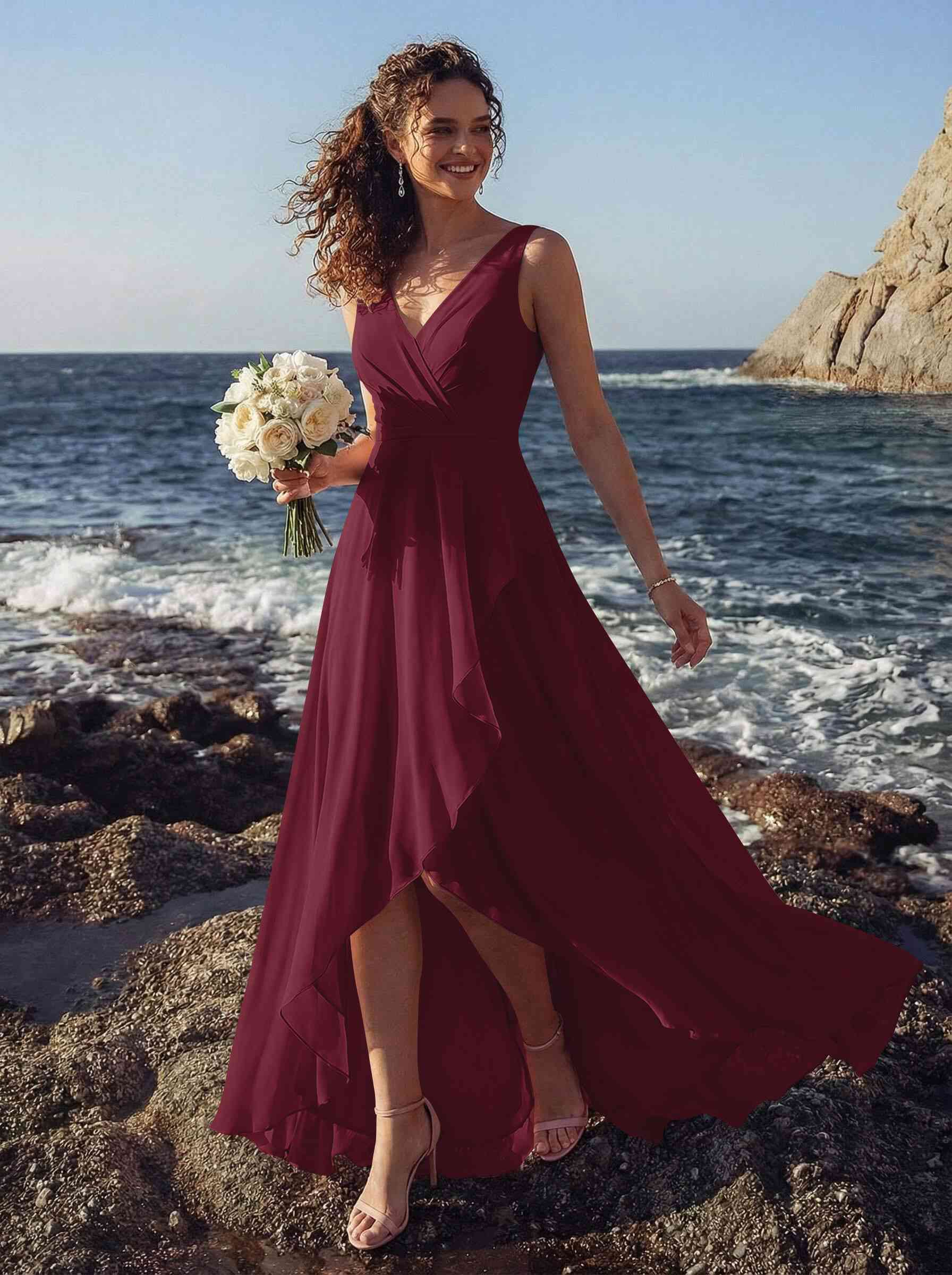 A-Line V-Neck Sleeveless Regular Straps Chiffon Asymmetrical Bridesmaid Dresses With Ruffle, product image 29