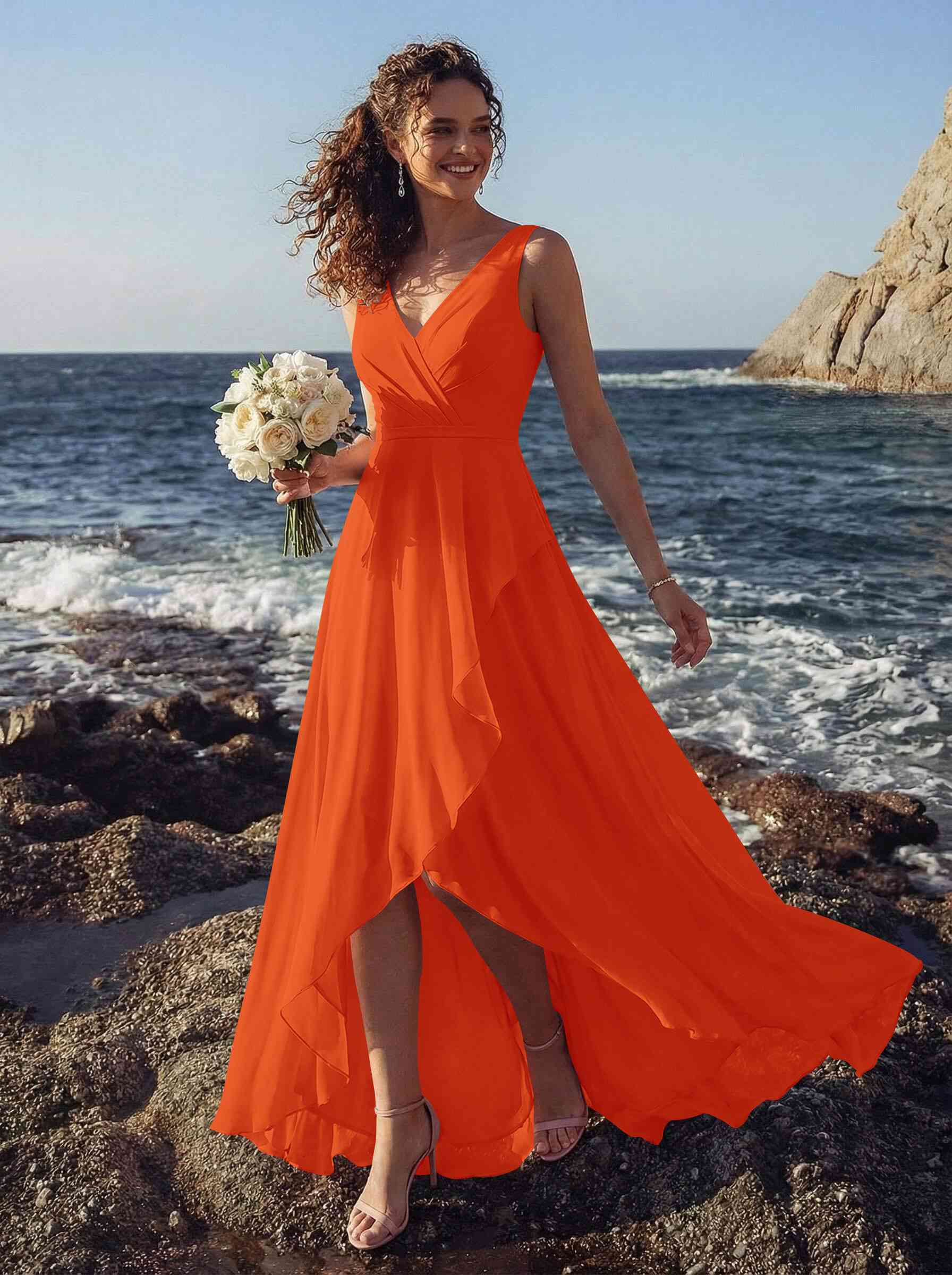 A-Line V-Neck Sleeveless Regular Straps Chiffon Asymmetrical Bridesmaid Dresses With Ruffle, product image 123