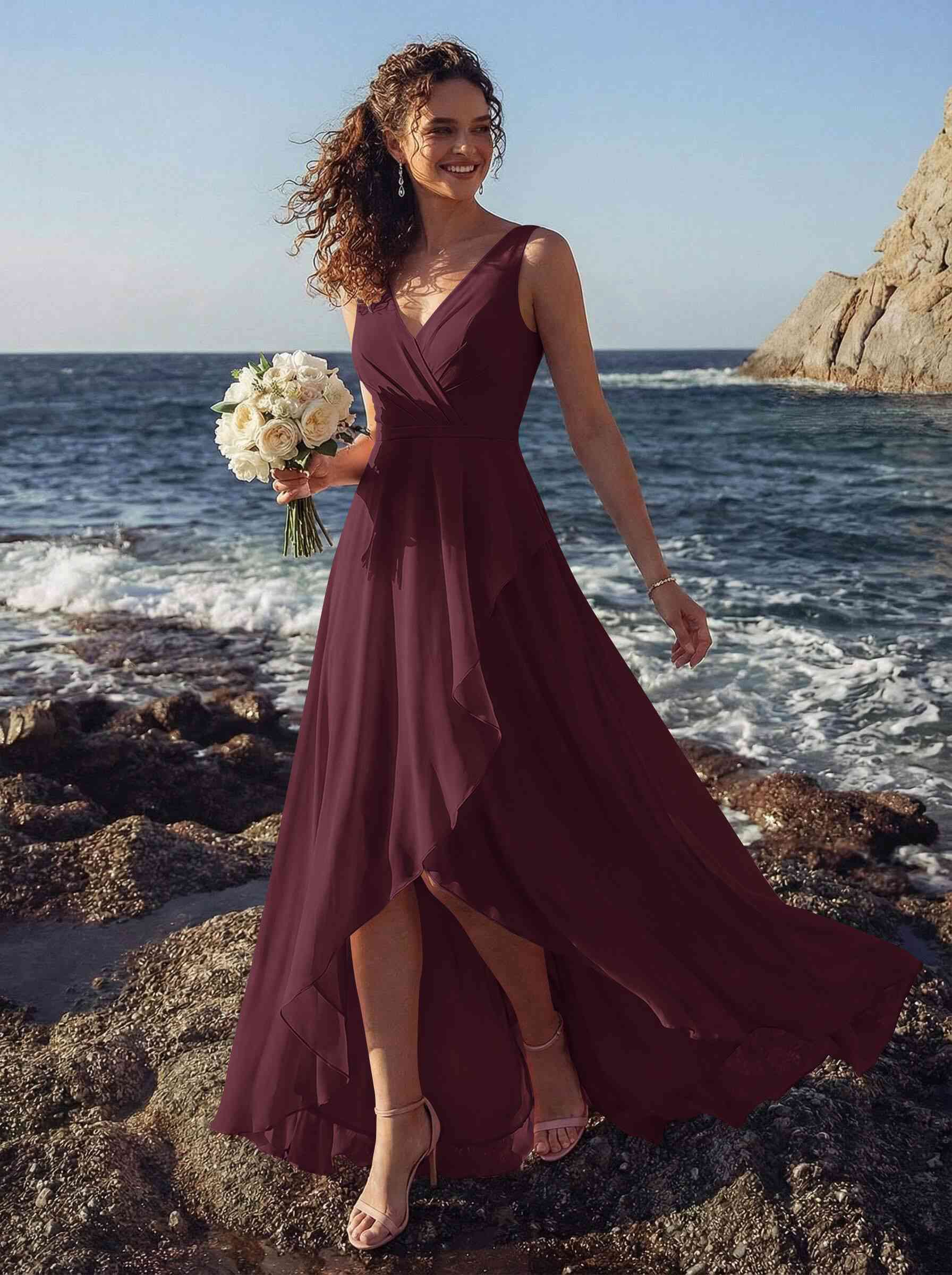 A-Line V-Neck Sleeveless Regular Straps Chiffon Asymmetrical Bridesmaid Dresses With Ruffle, product image 27