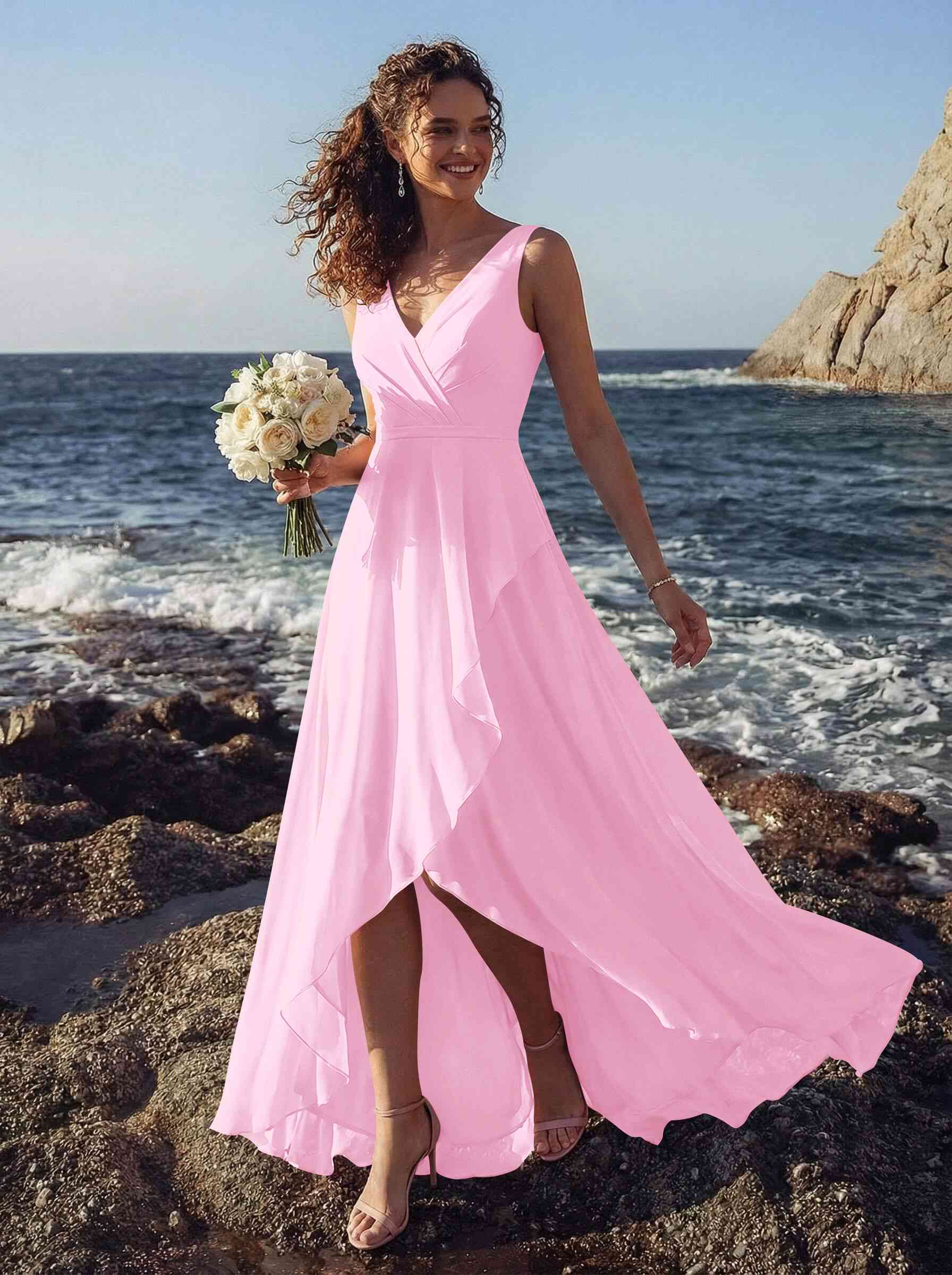 A-Line V-Neck Sleeveless Regular Straps Chiffon Asymmetrical Bridesmaid Dresses With Ruffle, product image 51