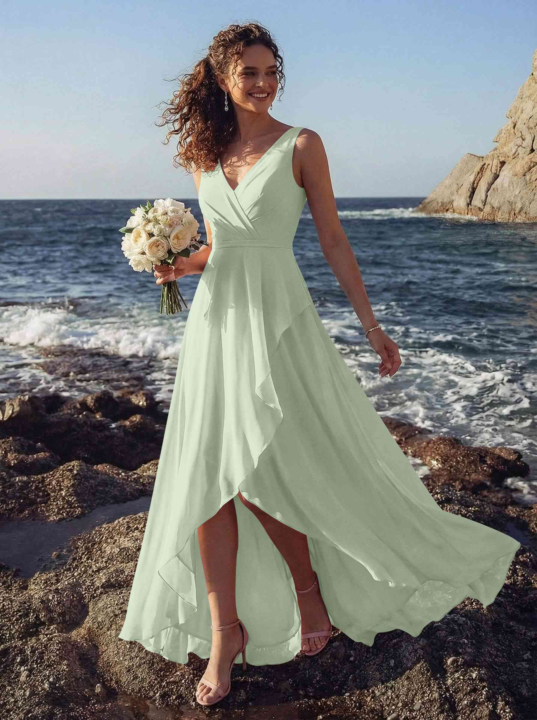 A-Line V-Neck Sleeveless Regular Straps Chiffon Asymmetrical Bridesmaid Dresses With Ruffle, product image 87