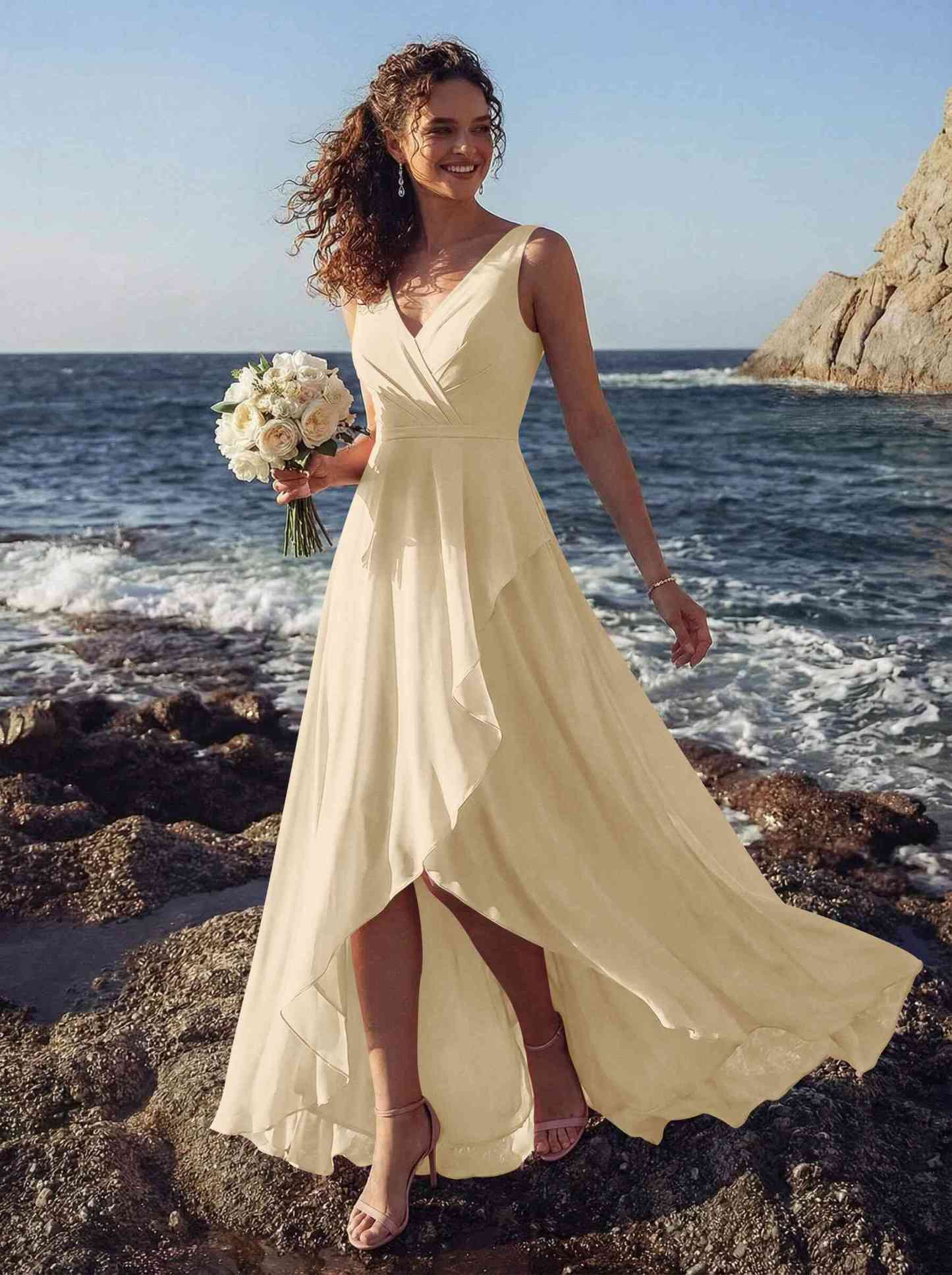 A-Line V-Neck Sleeveless Regular Straps Chiffon Asymmetrical Bridesmaid Dresses With Ruffle, product image 95