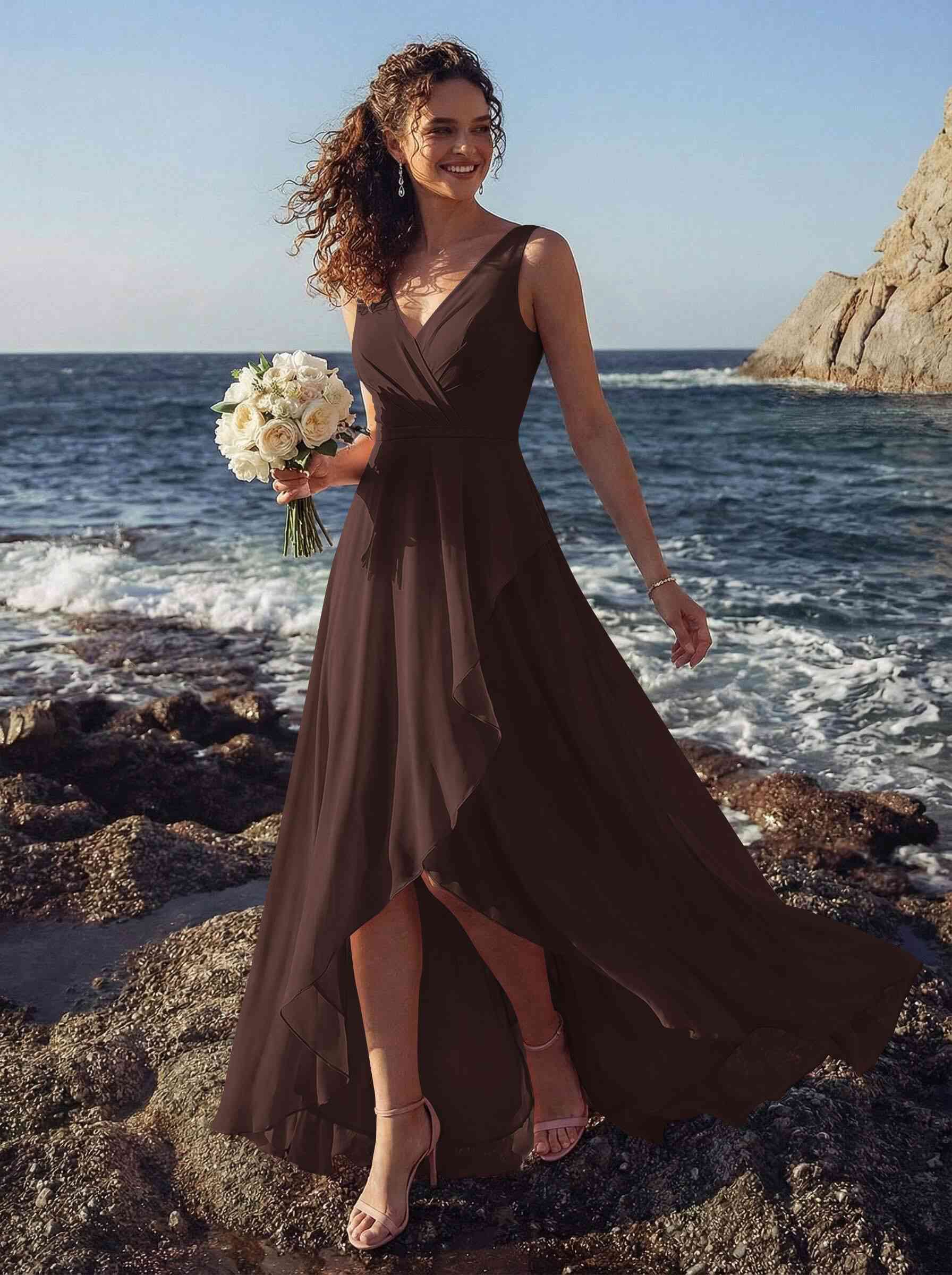 A-Line V-Neck Sleeveless Regular Straps Chiffon Asymmetrical Bridesmaid Dresses With Ruffle, product image 107