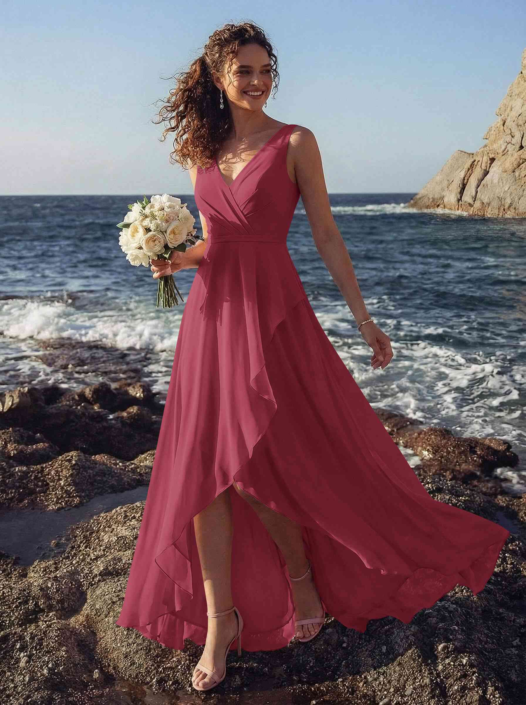 A-Line V-Neck Sleeveless Regular Straps Chiffon Asymmetrical Bridesmaid Dresses With Ruffle, product image 31
