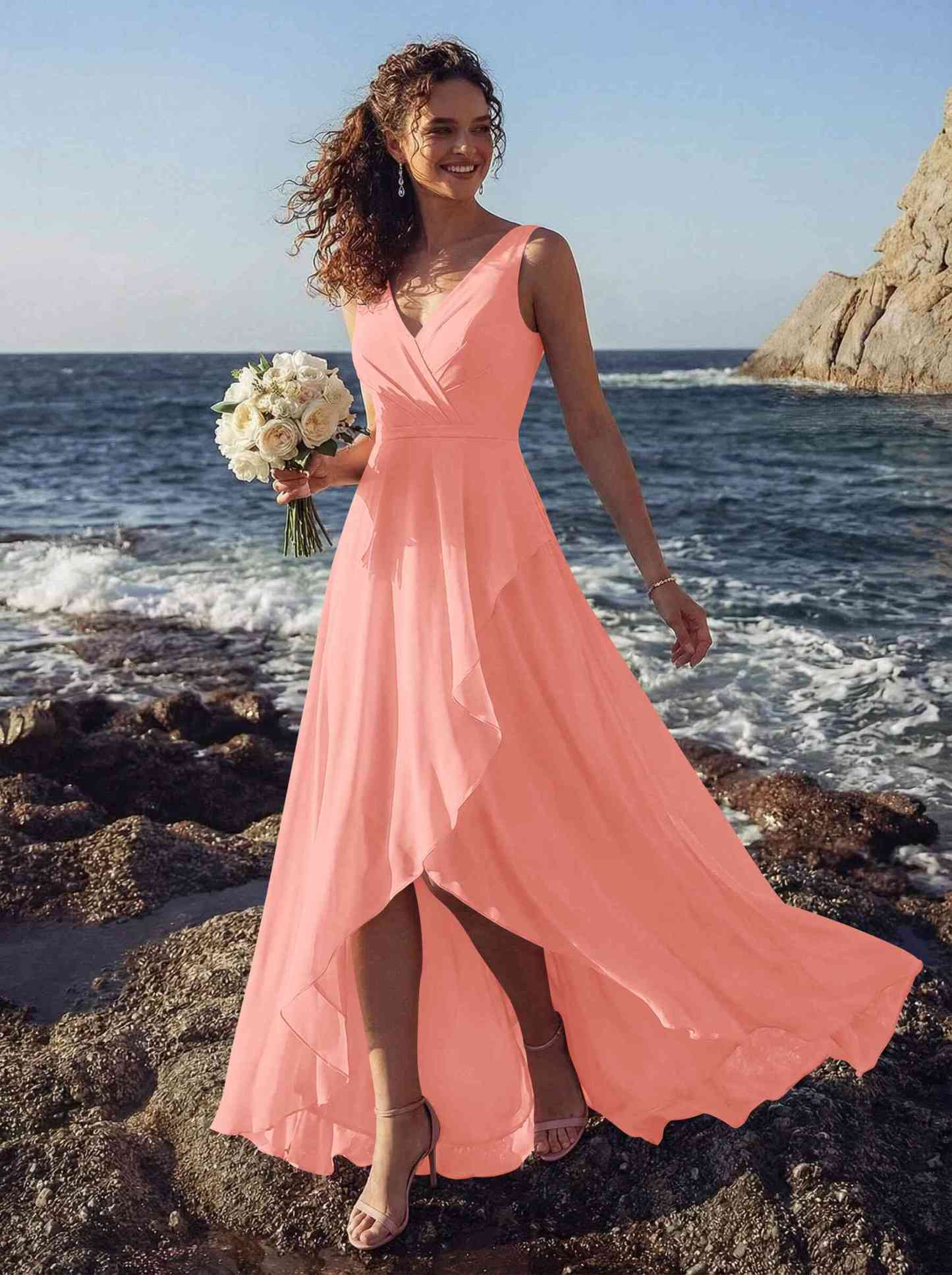 A-Line V-Neck Sleeveless Regular Straps Chiffon Asymmetrical Bridesmaid Dresses With Ruffle, product image 47