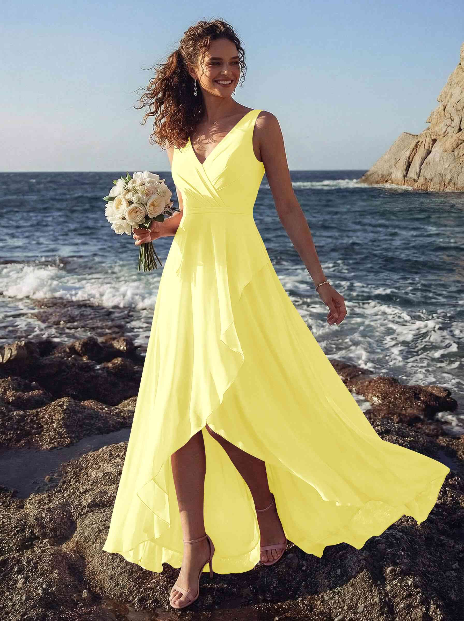 A-Line V-Neck Sleeveless Regular Straps Chiffon Asymmetrical Bridesmaid Dresses With Ruffle, product image 99