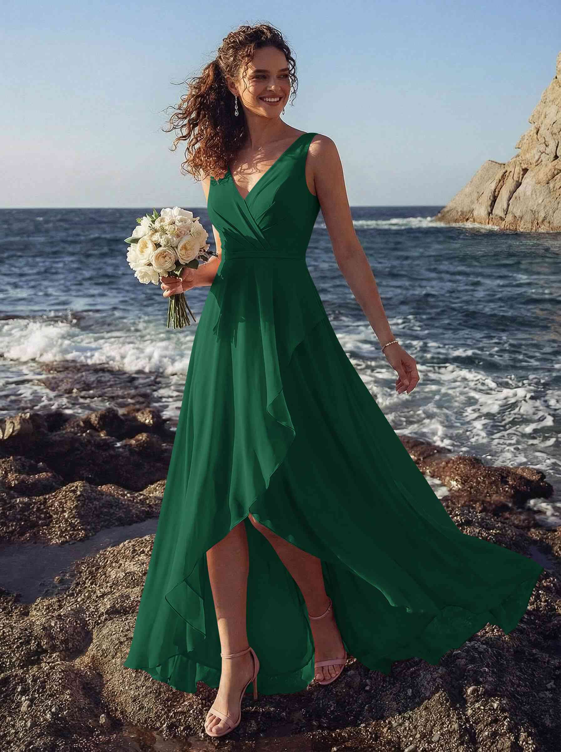 A-Line V-Neck Sleeveless Regular Straps Chiffon Asymmetrical Bridesmaid Dresses With Ruffle, product image 79
