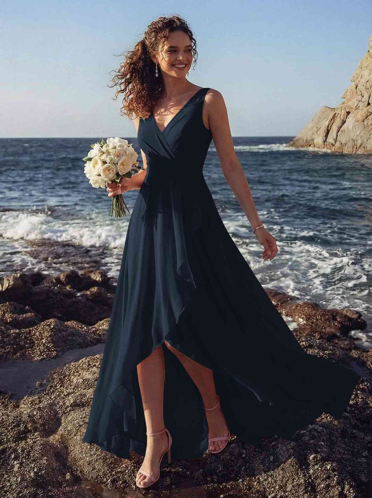 A-Line V-Neck Sleeveless Regular Straps Chiffon Asymmetrical Bridesmaid Dresses With Ruffle, product image 3