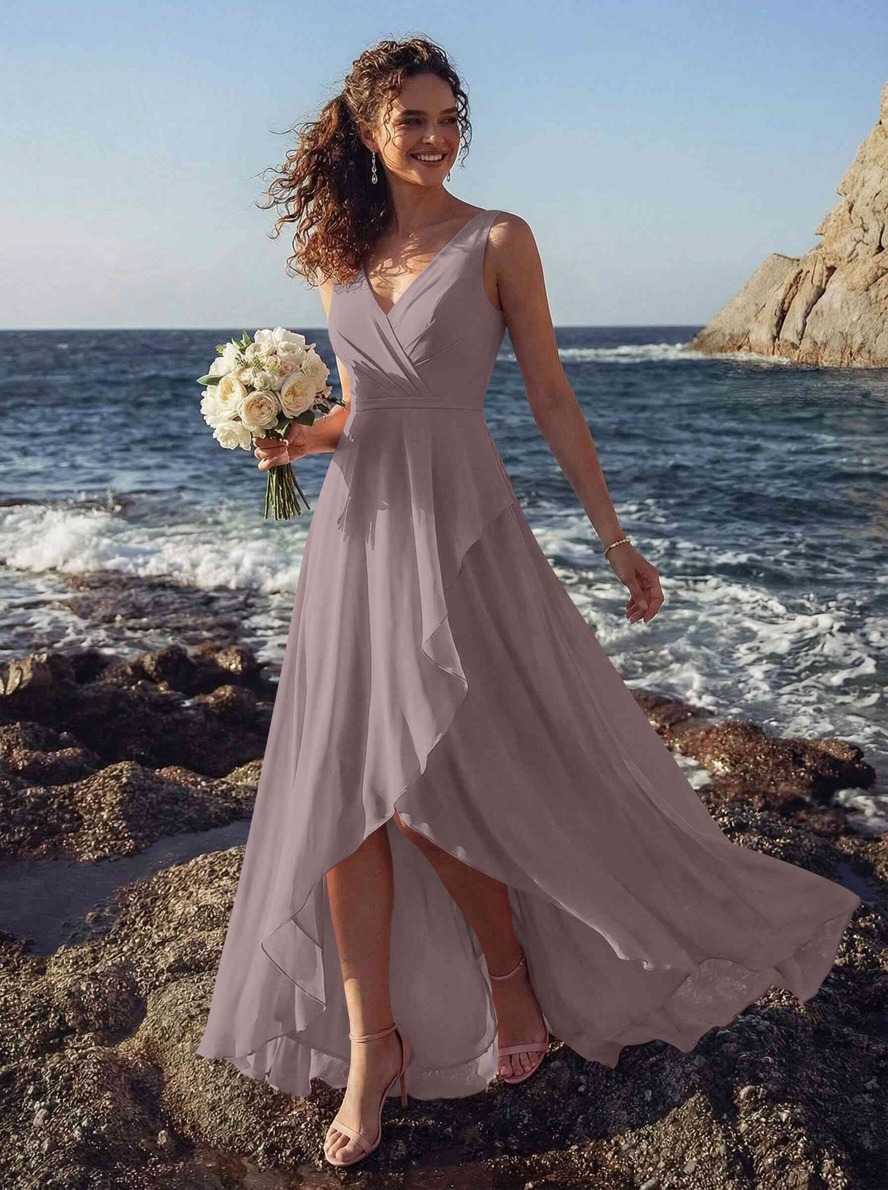 A-Line V-Neck Sleeveless Regular Straps Chiffon Asymmetrical Bridesmaid Dresses With Ruffle, product image 53
