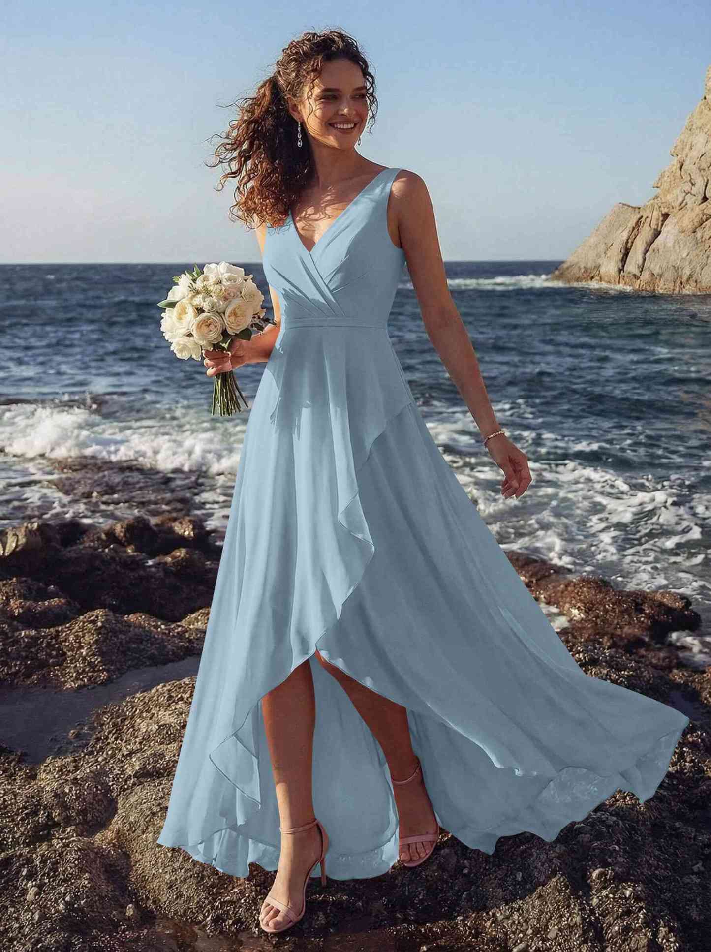 A-Line V-Neck Sleeveless Regular Straps Chiffon Asymmetrical Bridesmaid Dresses With Ruffle, product image 7