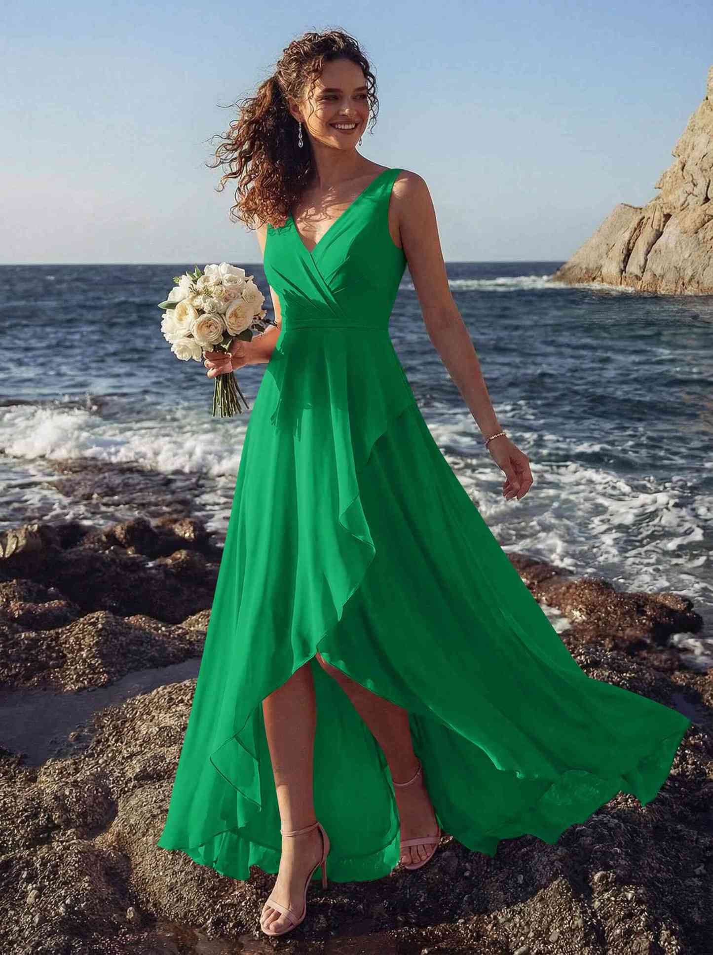 A-Line V-Neck Sleeveless Regular Straps Chiffon Asymmetrical Bridesmaid Dresses With Ruffle, product image 127