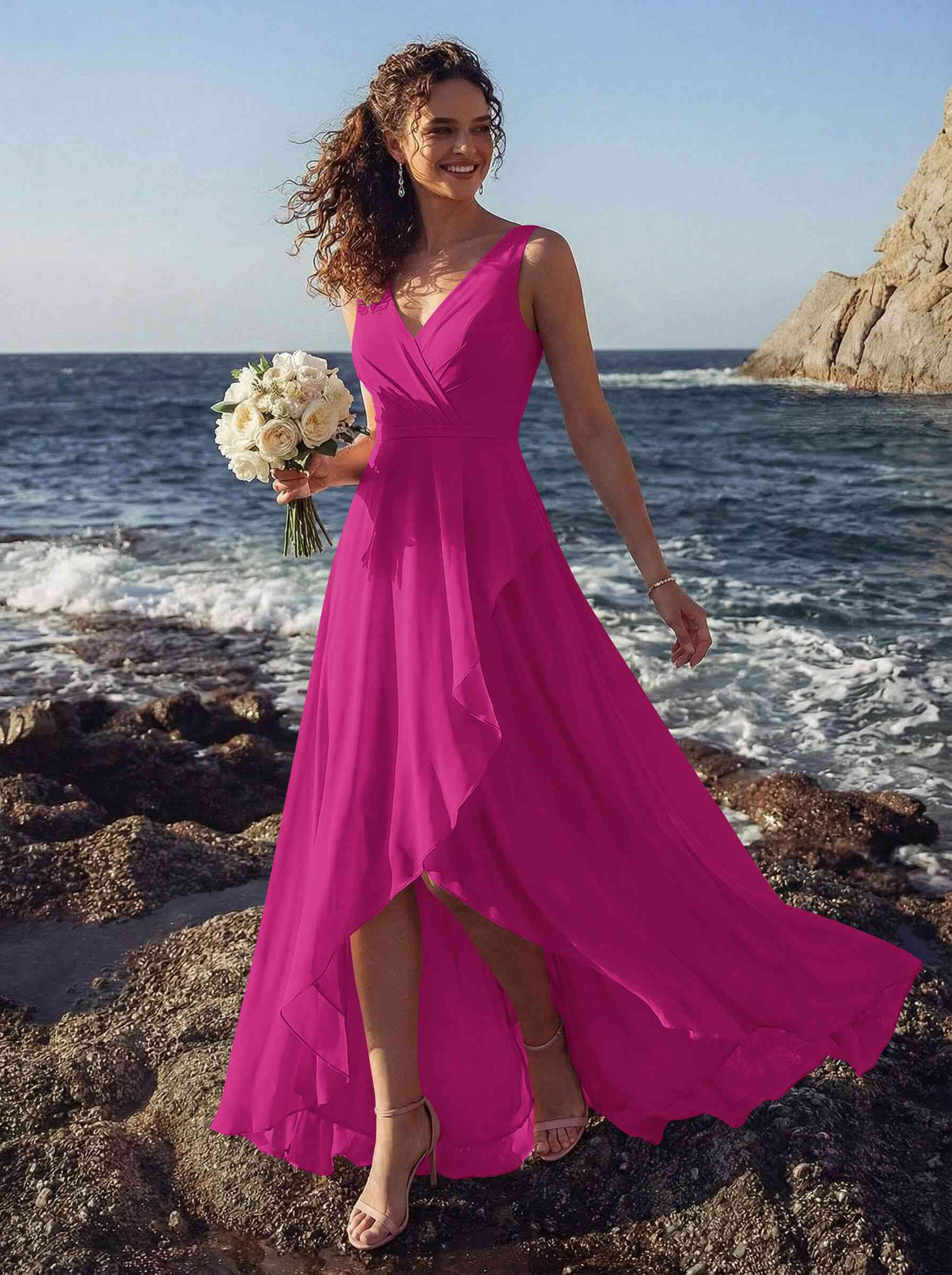 A-Line V-Neck Sleeveless Regular Straps Chiffon Asymmetrical Bridesmaid Dresses With Ruffle, product image 75