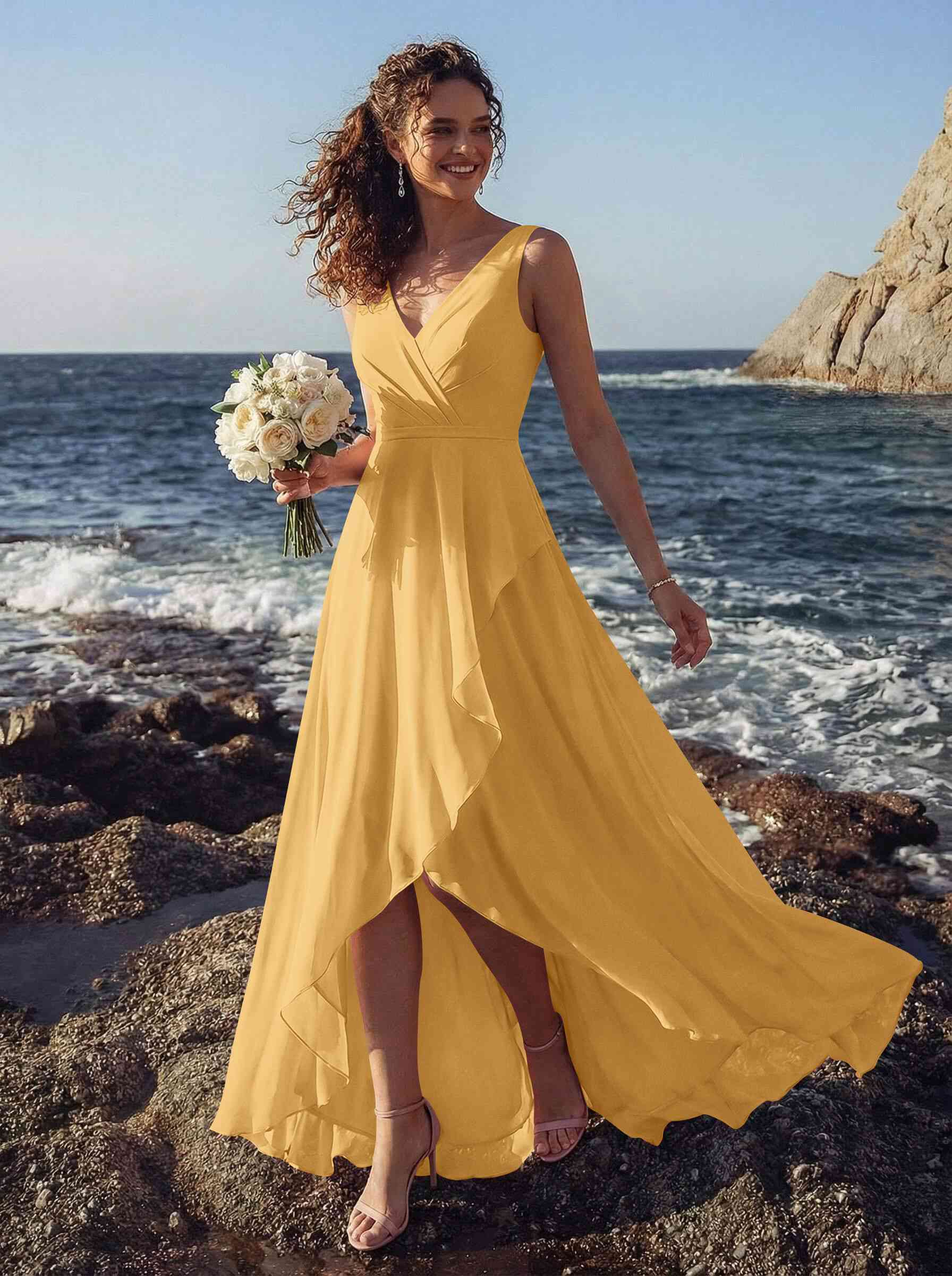 A-Line V-Neck Sleeveless Regular Straps Chiffon Asymmetrical Bridesmaid Dresses With Ruffle, product image 101