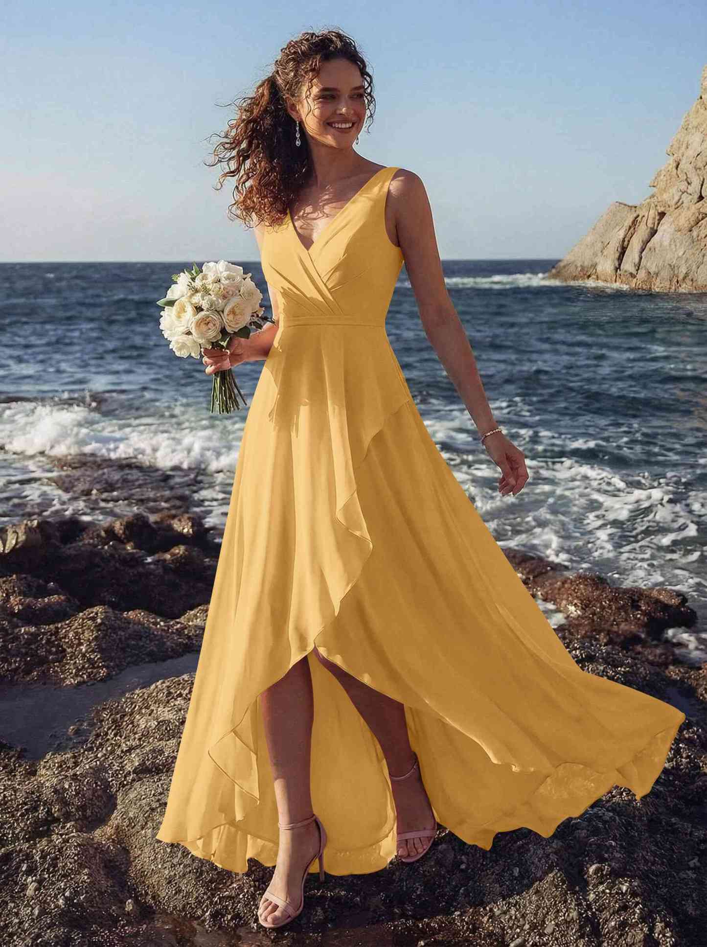 A-Line V-Neck Sleeveless Regular Straps Chiffon Asymmetrical Bridesmaid Dresses With Ruffle, product image 101