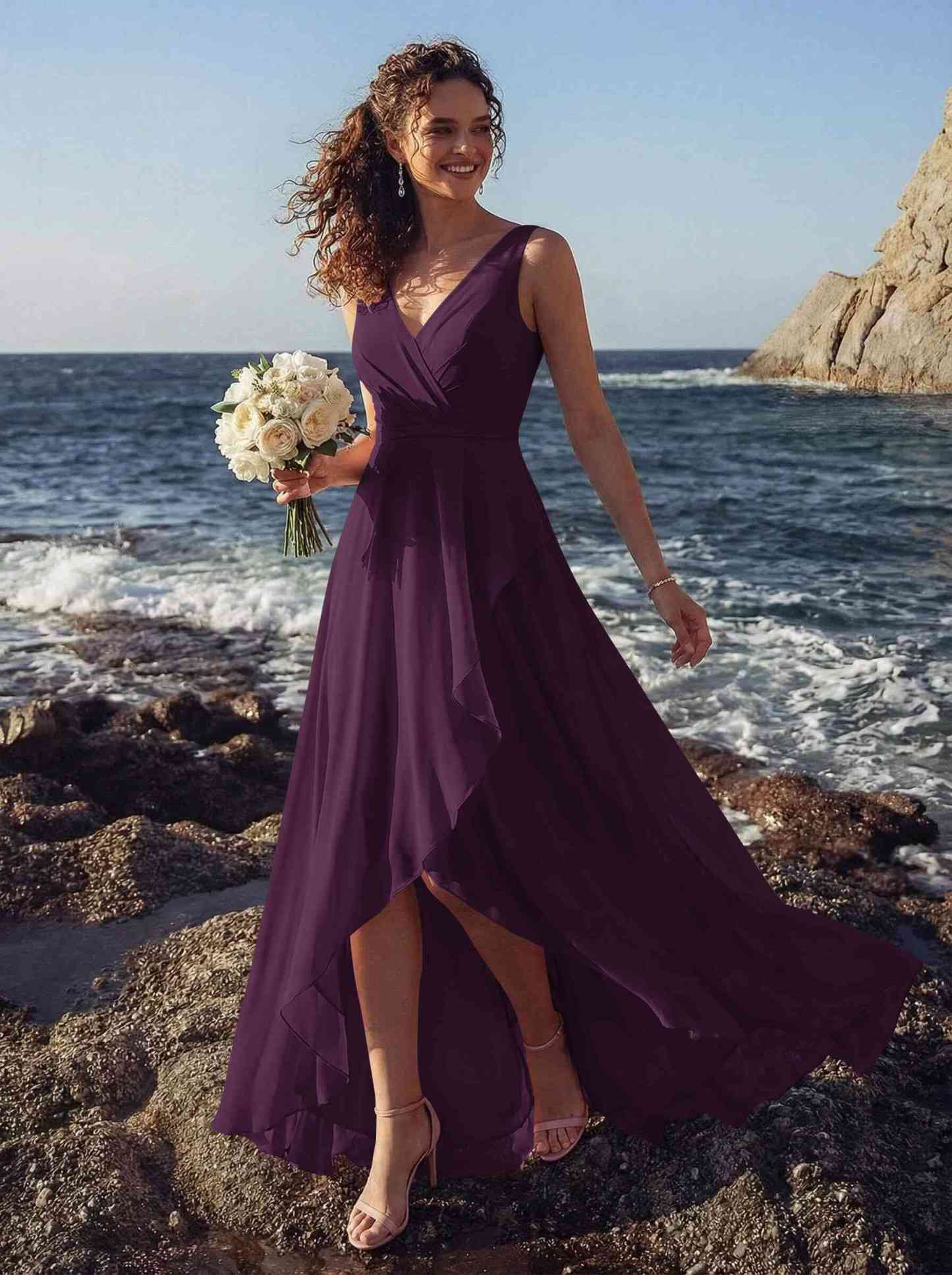 A-Line V-Neck Sleeveless Regular Straps Chiffon Asymmetrical Bridesmaid Dresses With Ruffle, product image 69
