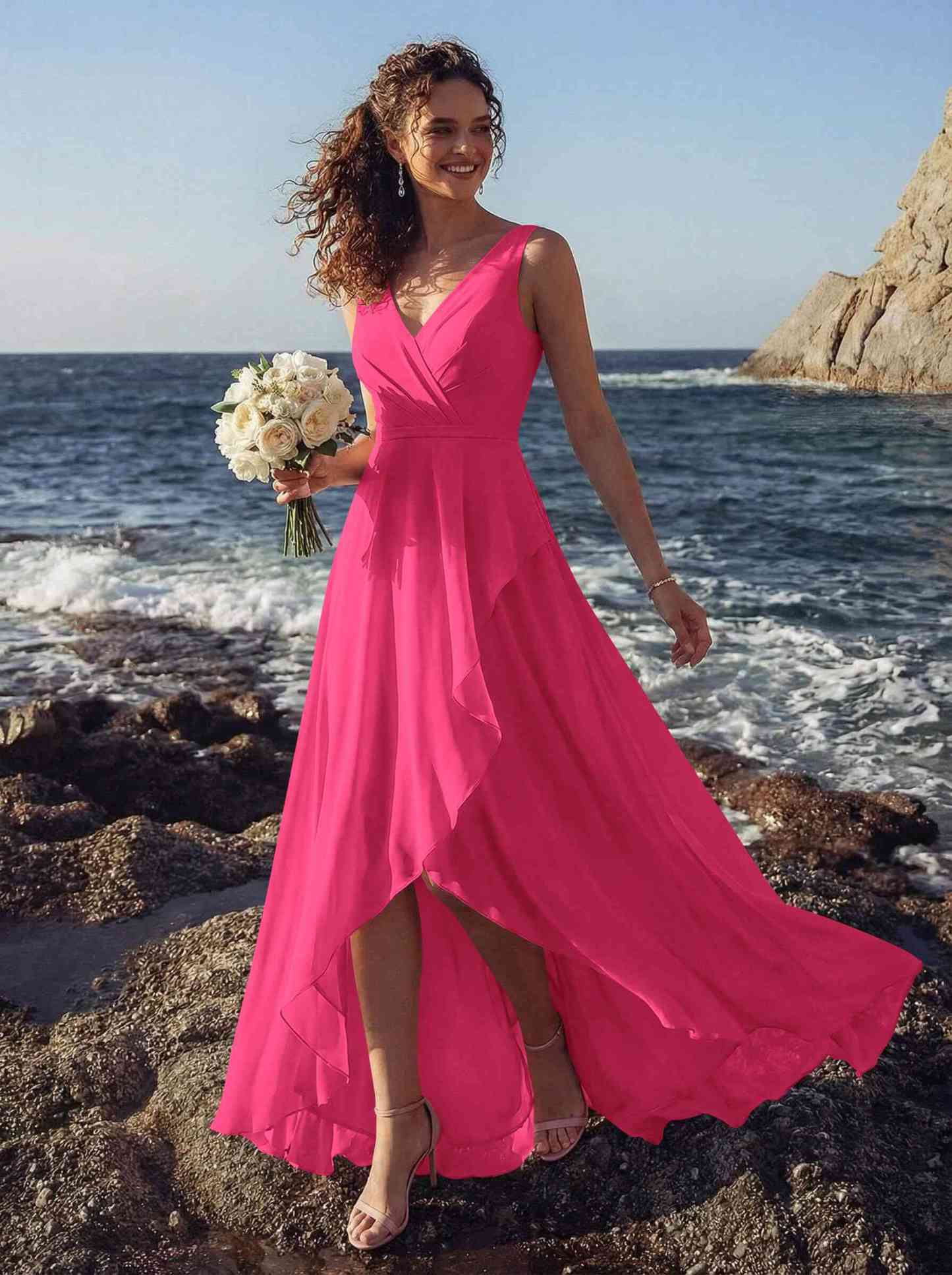 A-Line V-Neck Sleeveless Regular Straps Chiffon Asymmetrical Bridesmaid Dresses With Ruffle, product image 73