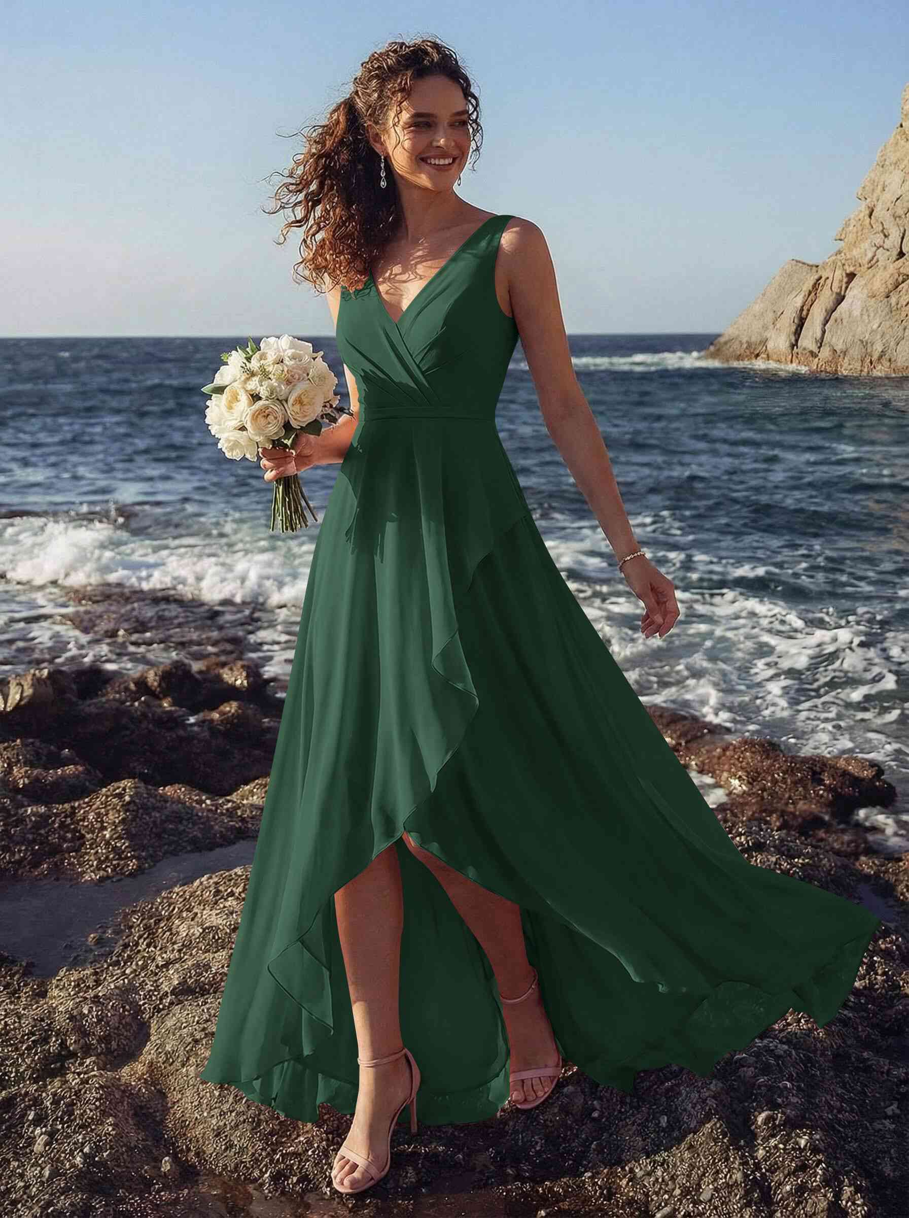 A-Line V-Neck Sleeveless Regular Straps Chiffon Asymmetrical Bridesmaid Dresses With Ruffle, product image 81