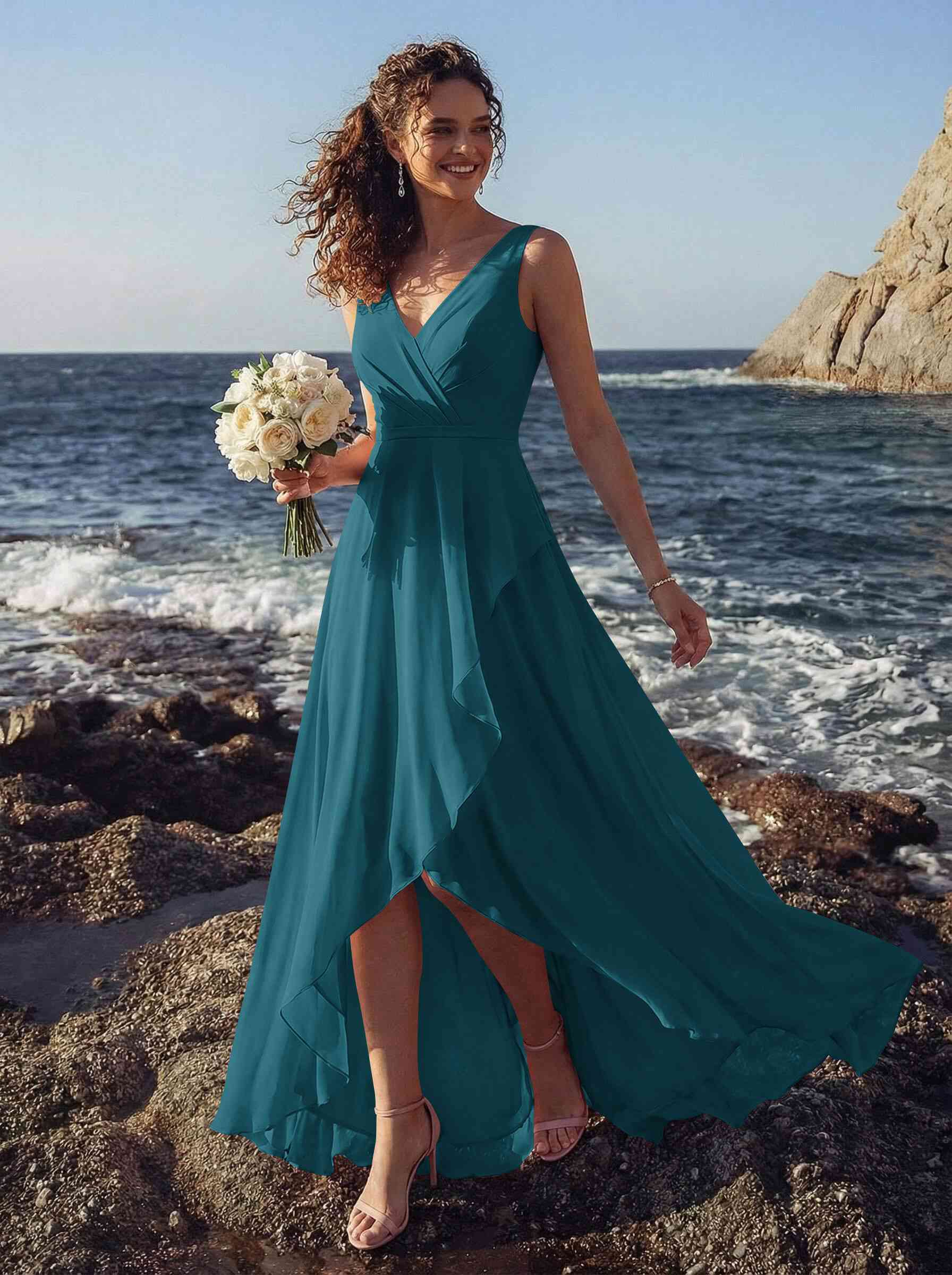 A-Line V-Neck Sleeveless Regular Straps Chiffon Asymmetrical Bridesmaid Dresses With Ruffle, product image 13