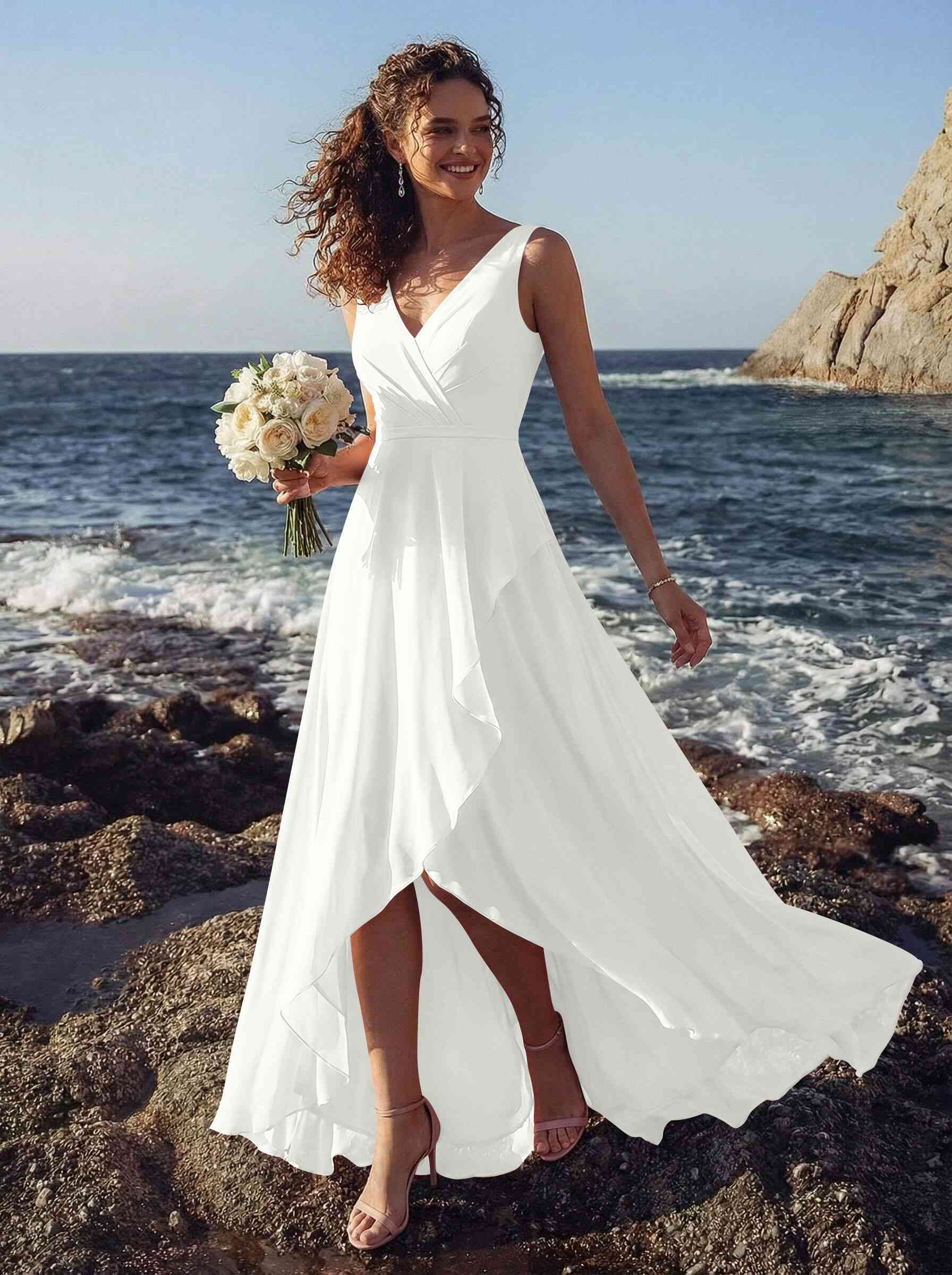 A-Line V-Neck Sleeveless Regular Straps Chiffon Asymmetrical Bridesmaid Dresses With Ruffle, product image 109