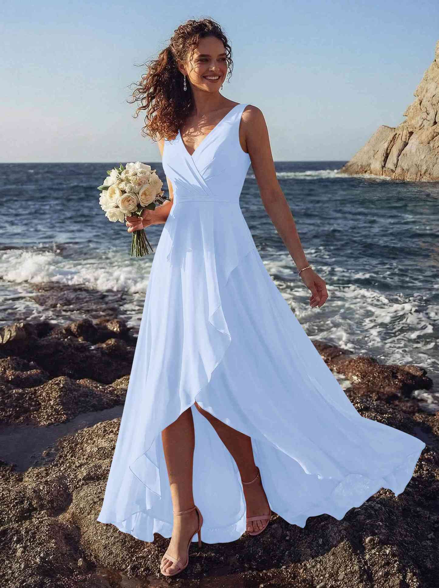 A-Line V-Neck Sleeveless Regular Straps Chiffon Asymmetrical Bridesmaid Dresses With Ruffle, product image 63