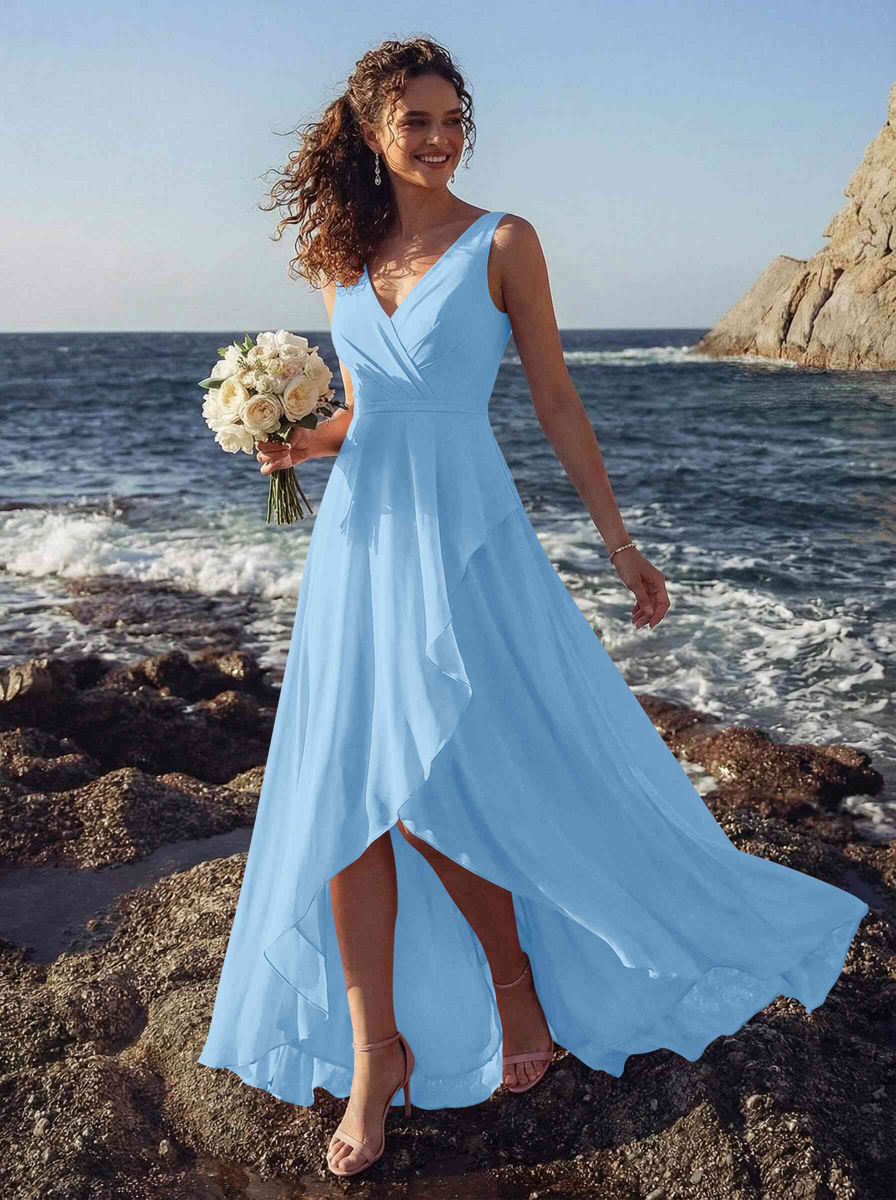 A-Line V-Neck Sleeveless Regular Straps Chiffon Asymmetrical Bridesmaid Dresses With Ruffle, product image 21