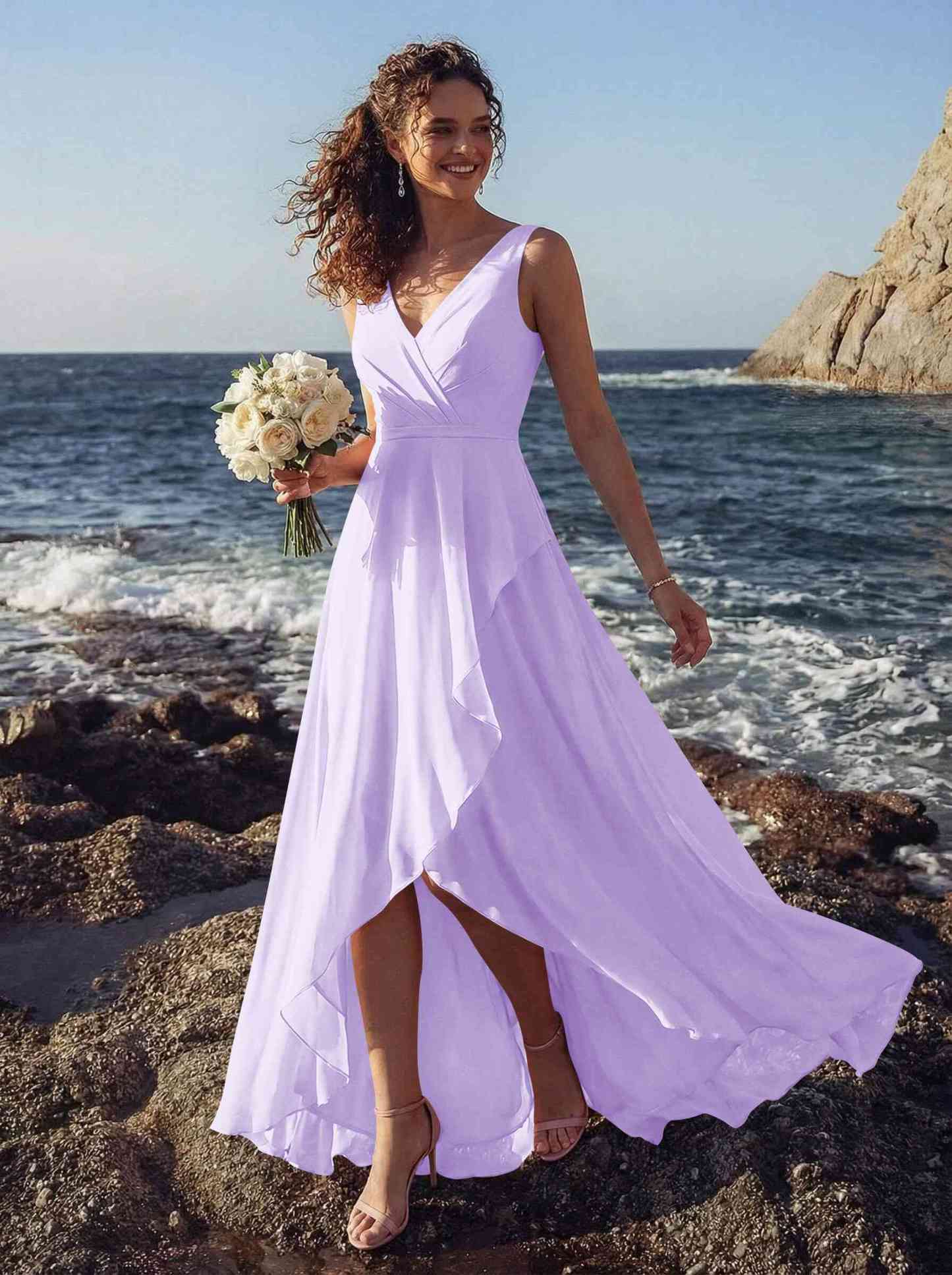 A-Line V-Neck Sleeveless Regular Straps Chiffon Asymmetrical Bridesmaid Dresses With Ruffle, product image 61