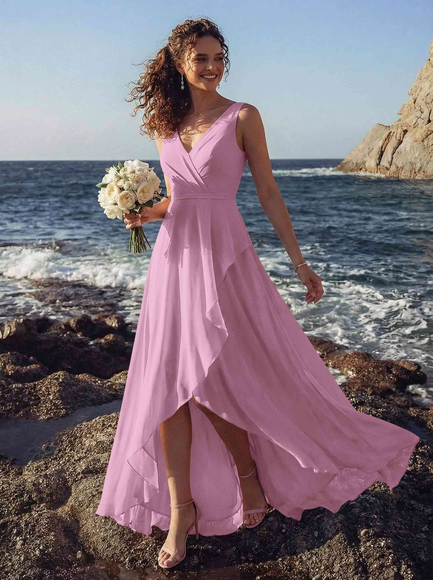 A-Line V-Neck Sleeveless Regular Straps Chiffon Asymmetrical Bridesmaid Dresses With Ruffle, product image 59