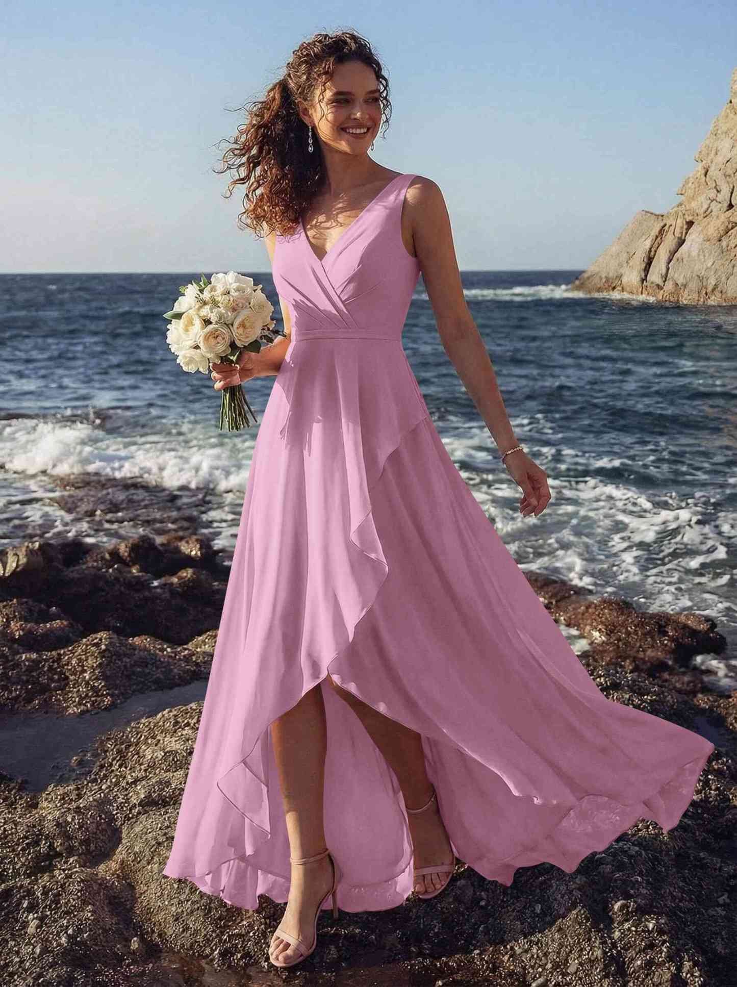 A-Line V-Neck Sleeveless Regular Straps Chiffon Asymmetrical Bridesmaid Dresses With Ruffle, product image 59
