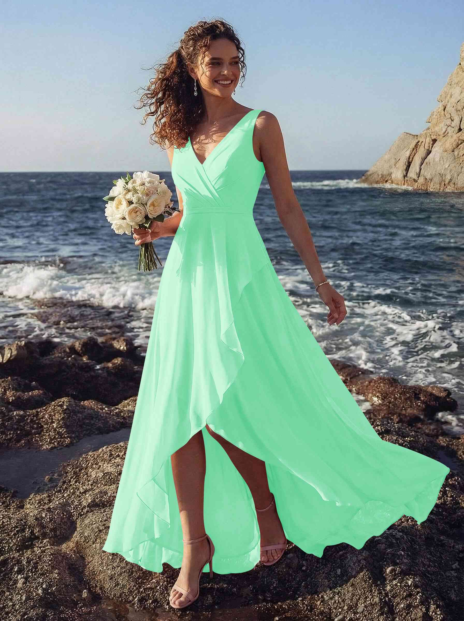 A-Line V-Neck Sleeveless Regular Straps Chiffon Asymmetrical Bridesmaid Dresses With Ruffle, product image 91