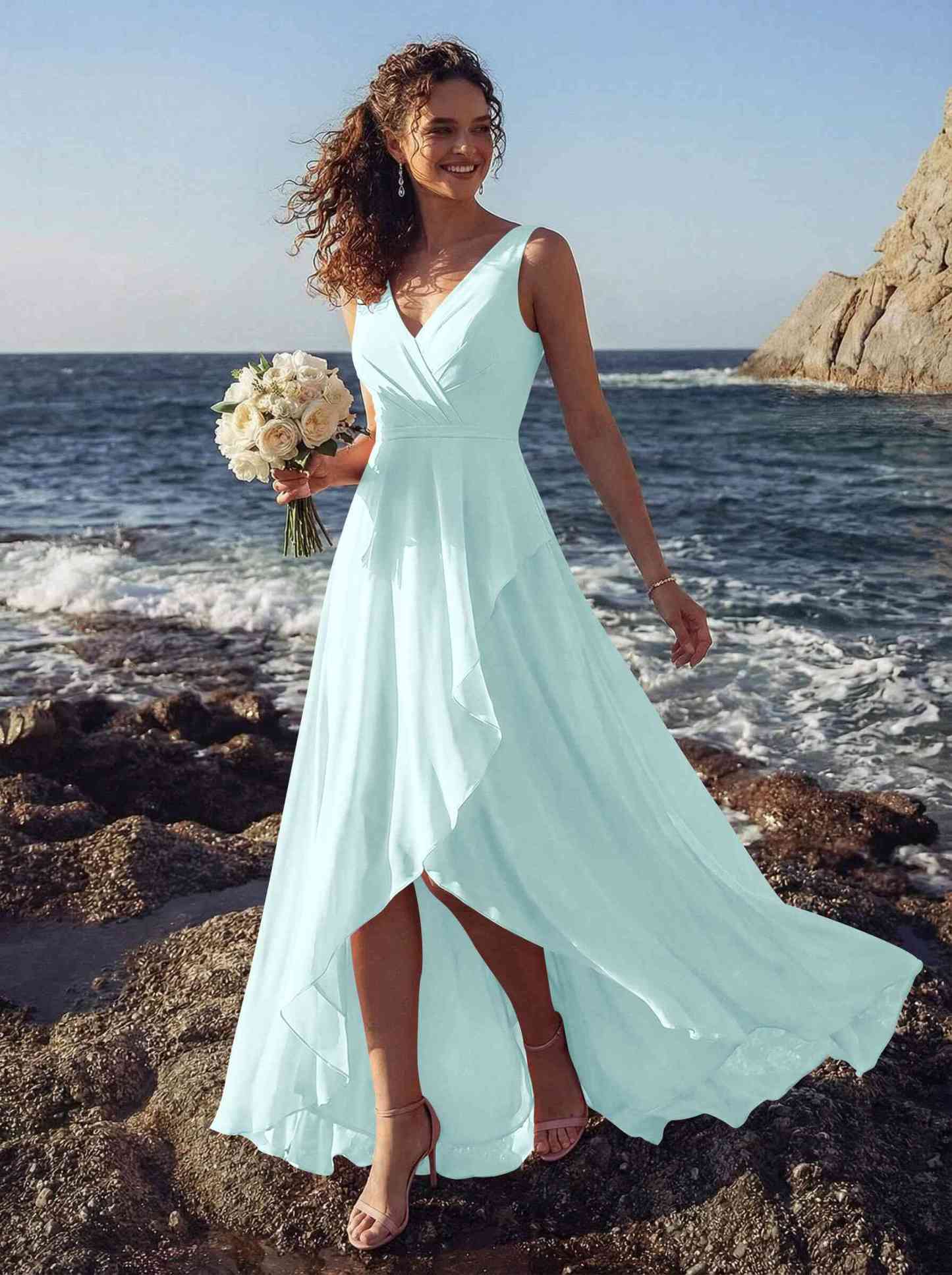 A-Line V-Neck Sleeveless Regular Straps Chiffon Asymmetrical Bridesmaid Dresses With Ruffle, product image 25