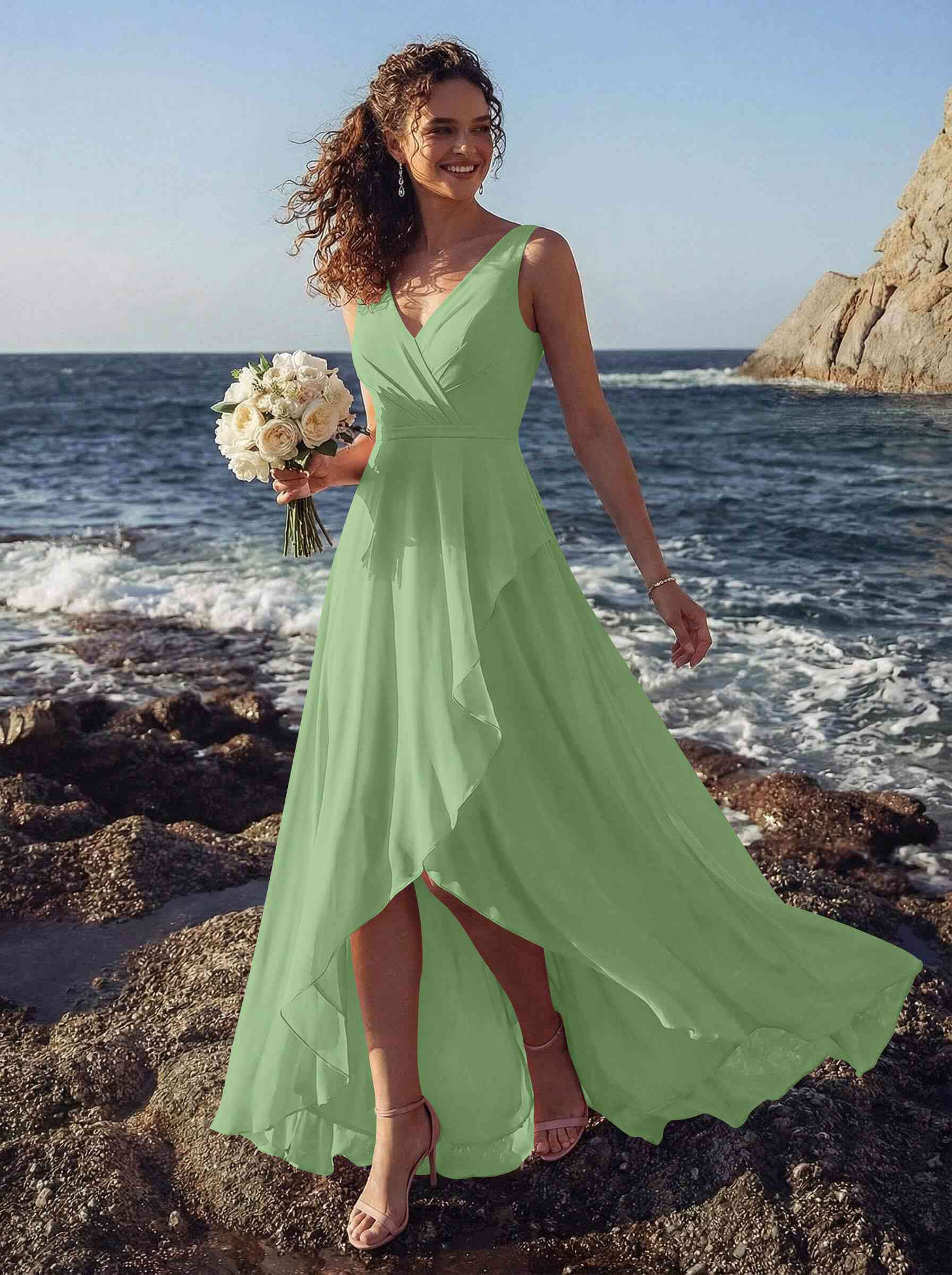 A-Line V-Neck Sleeveless Regular Straps Chiffon Asymmetrical Bridesmaid Dresses With Ruffle, product image 131