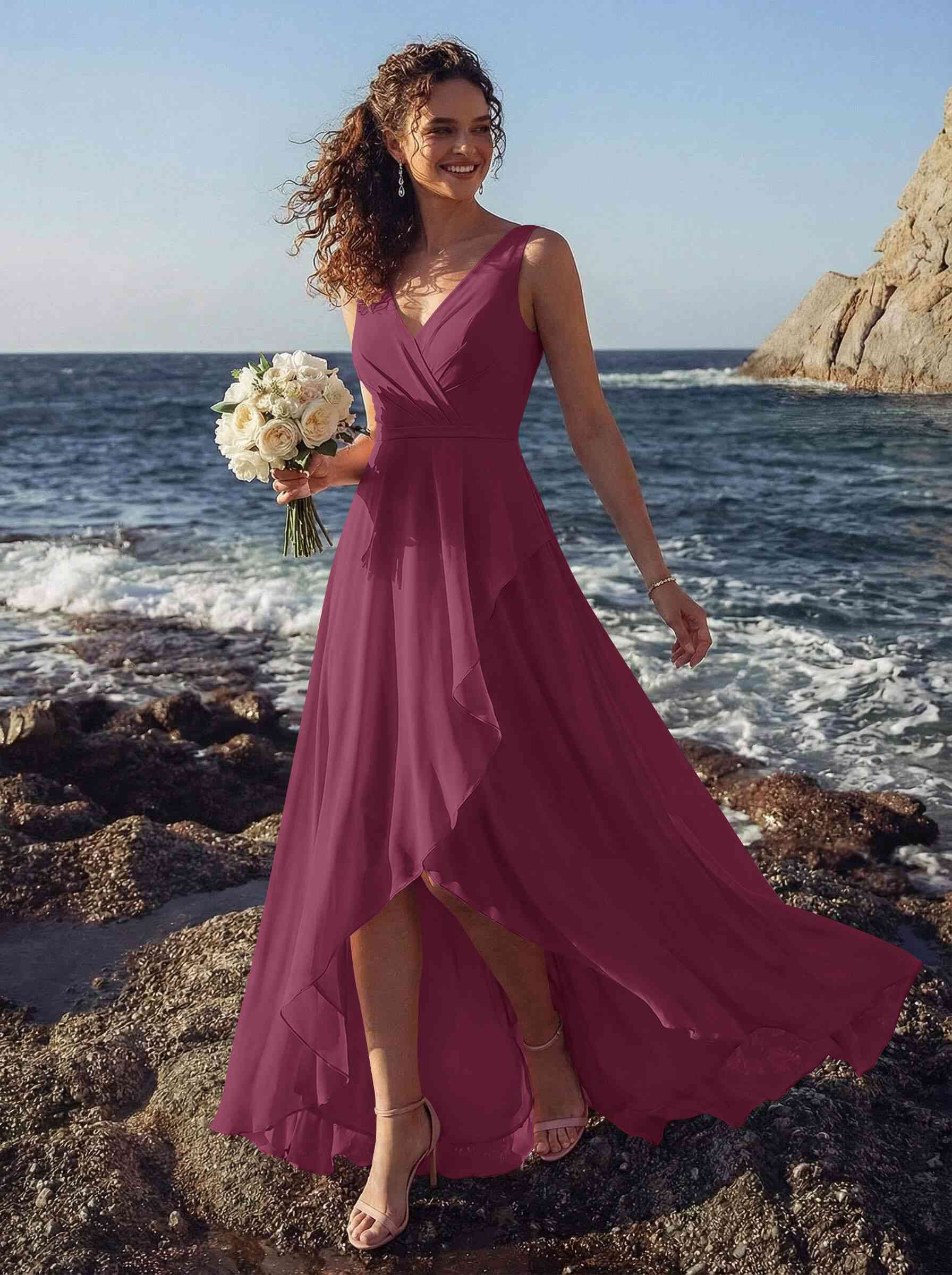A-Line V-Neck Sleeveless Regular Straps Chiffon Asymmetrical Bridesmaid Dresses With Ruffle, product image 33