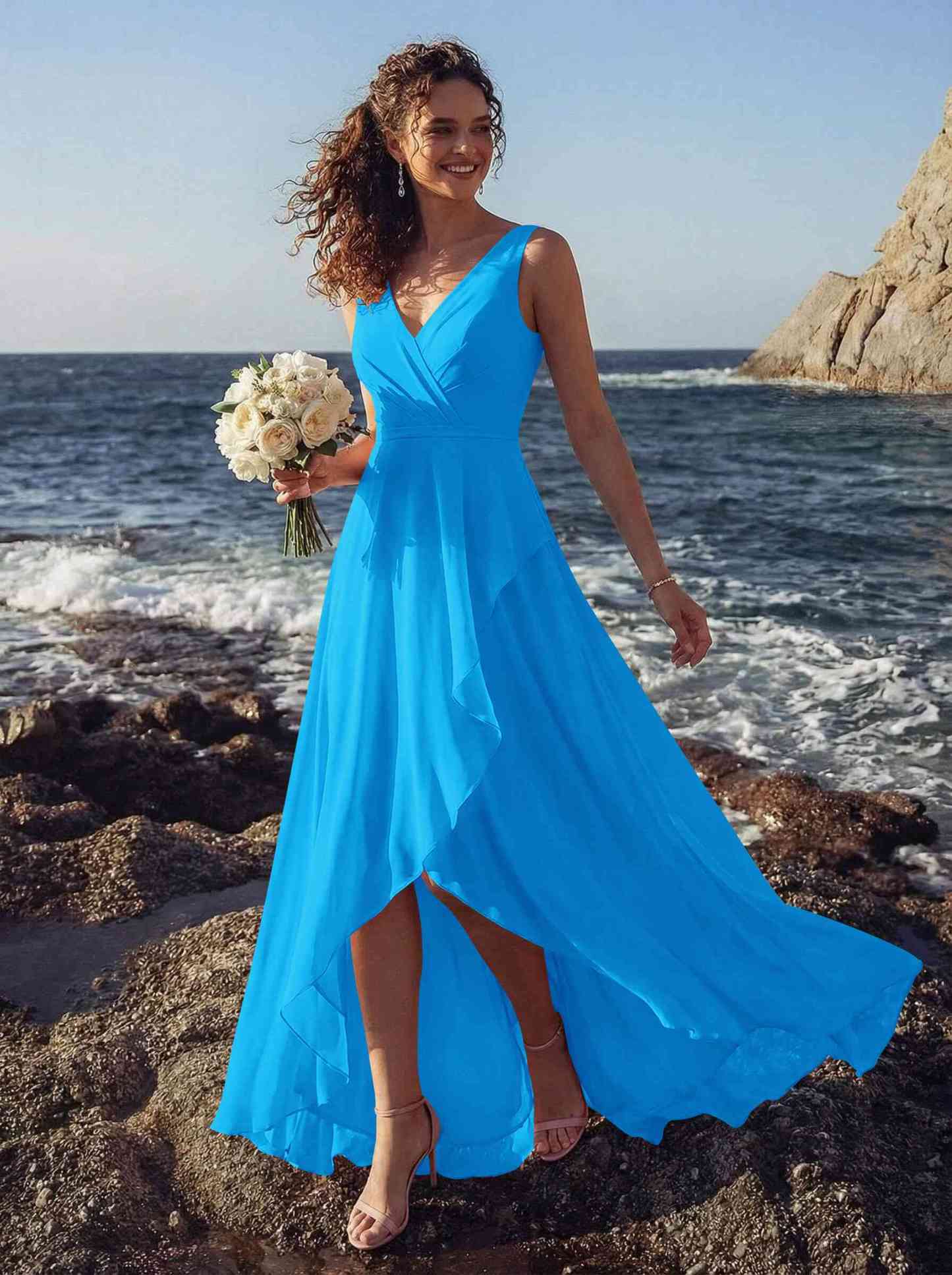 A-Line V-Neck Sleeveless Regular Straps Chiffon Asymmetrical Bridesmaid Dresses With Ruffle, product image 17