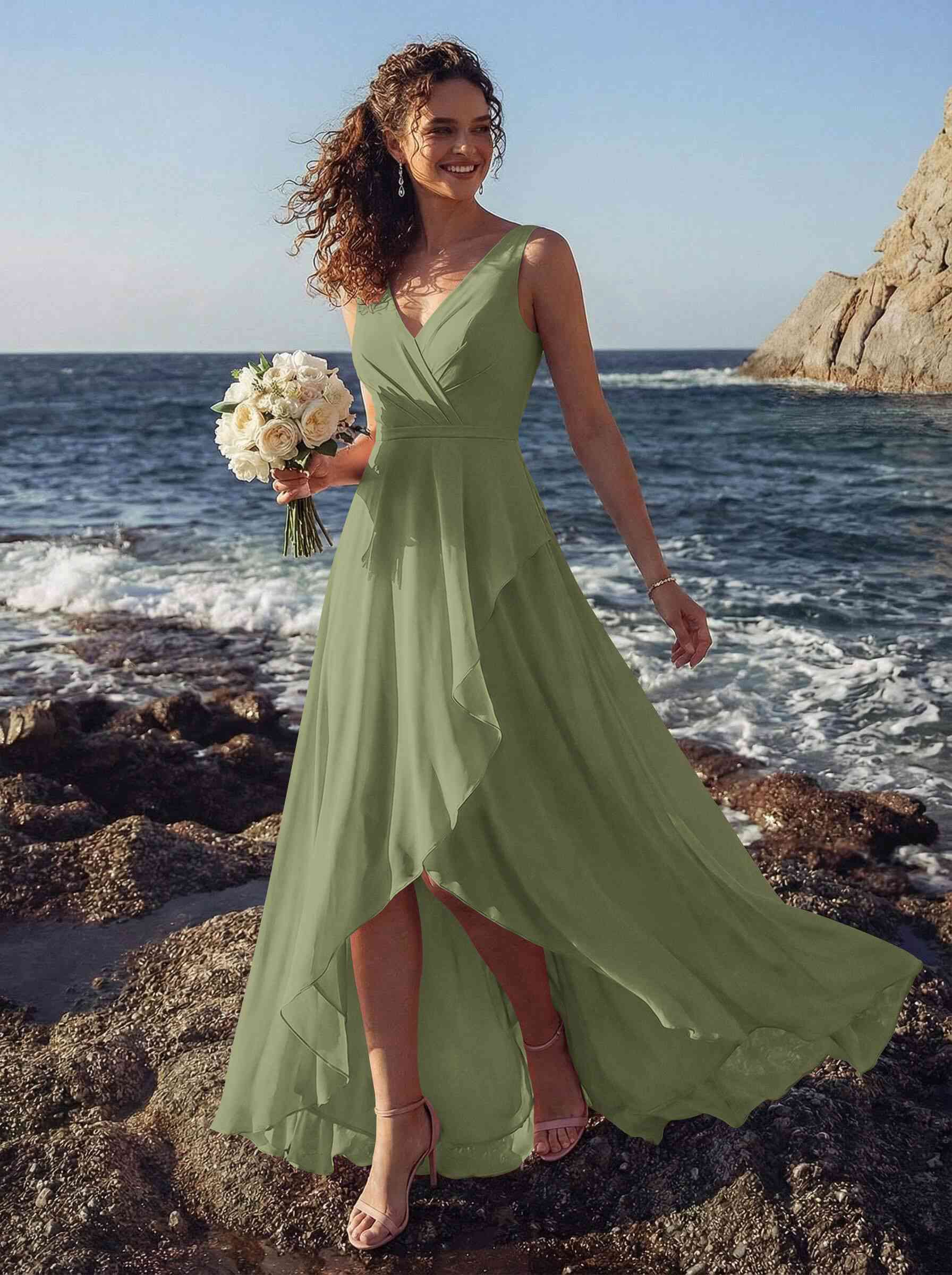 A-Line V-Neck Sleeveless Regular Straps Chiffon Asymmetrical Bridesmaid Dresses With Ruffle, product image 119