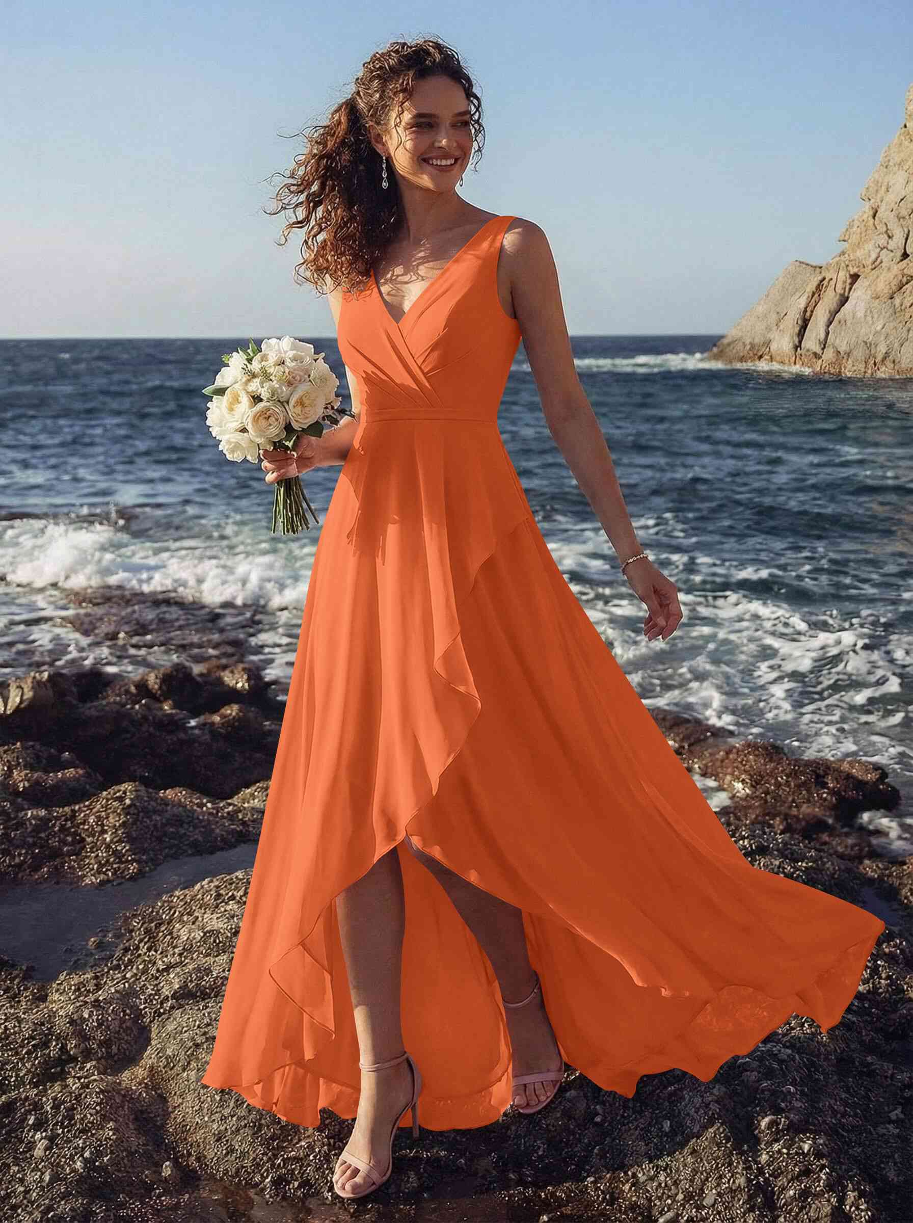 A-Line V-Neck Sleeveless Regular Straps Chiffon Asymmetrical Bridesmaid Dresses With Ruffle, product image 103