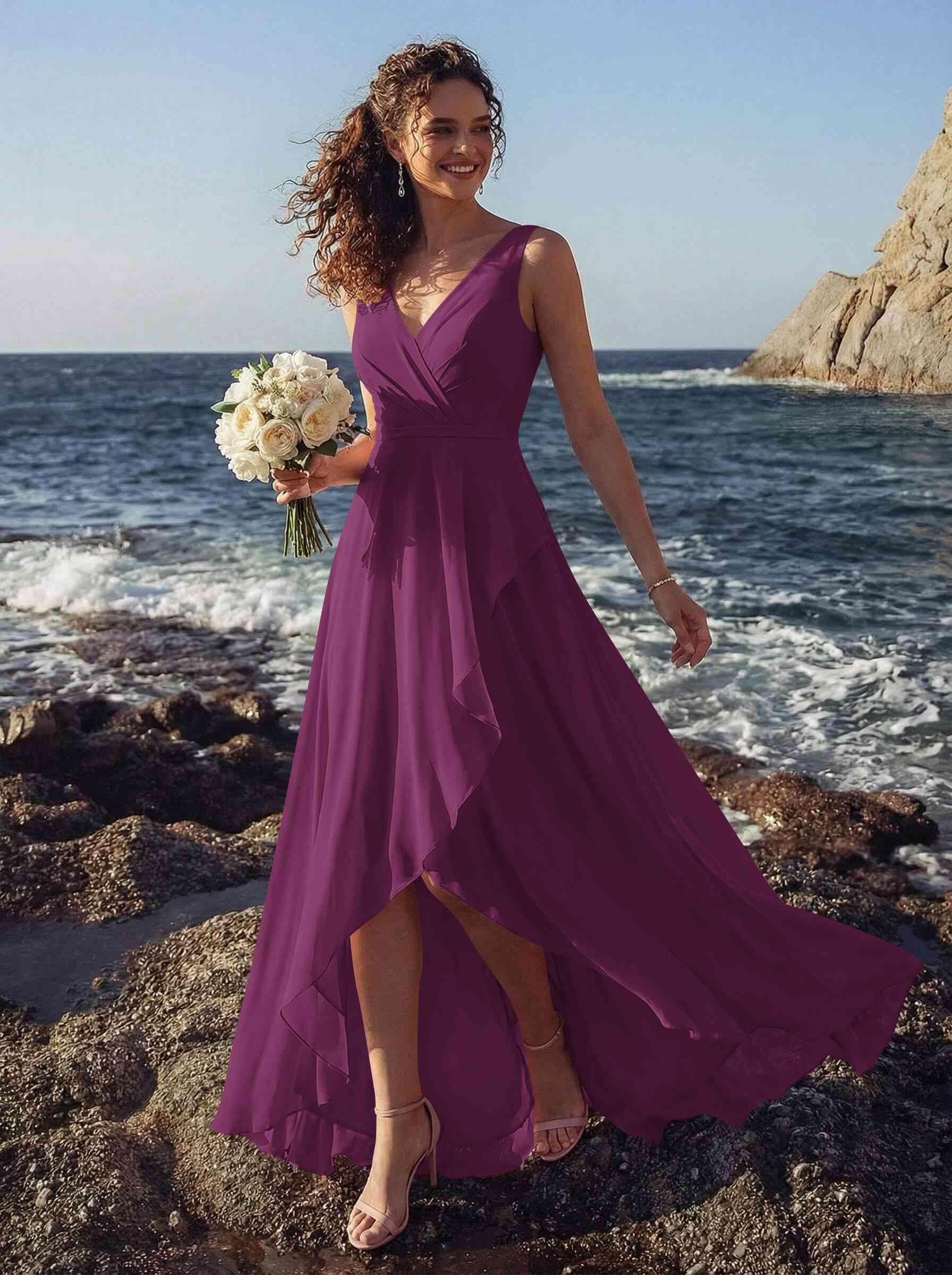 A-Line V-Neck Sleeveless Regular Straps Chiffon Asymmetrical Bridesmaid Dresses With Ruffle, product image 71