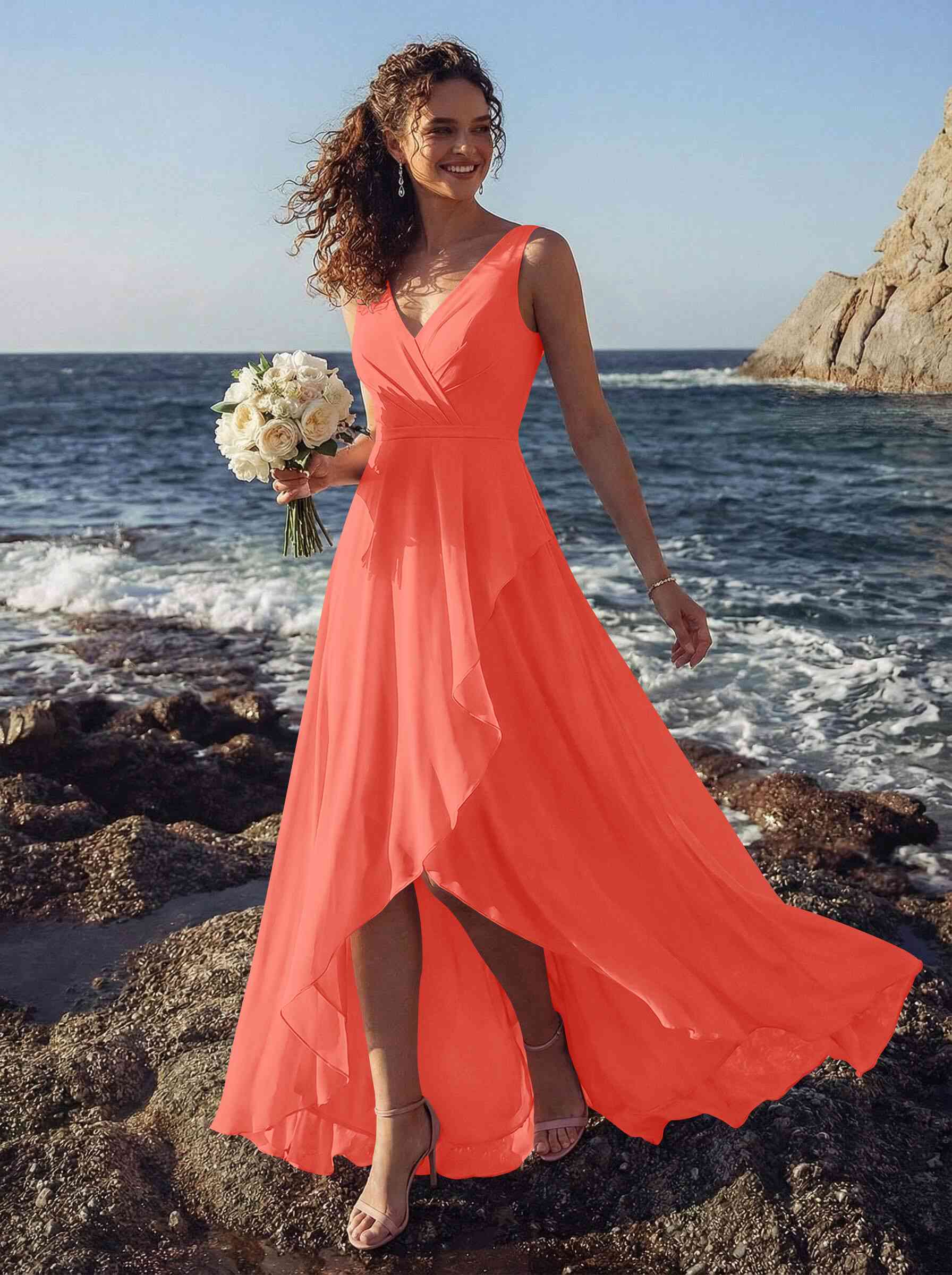 A-Line V-Neck Sleeveless Regular Straps Chiffon Asymmetrical Bridesmaid Dresses With Ruffle, product image 105