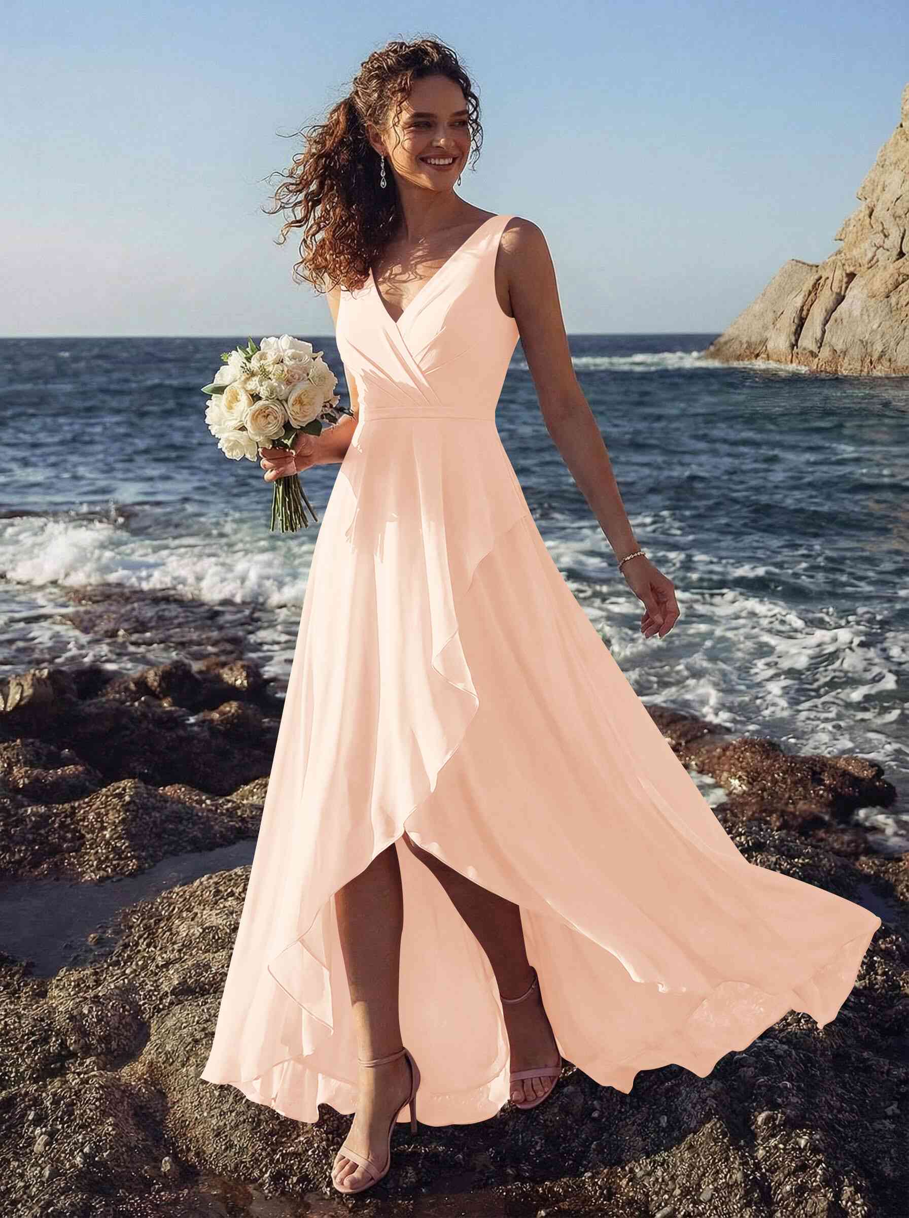 A-Line V-Neck Sleeveless Regular Straps Chiffon Asymmetrical Bridesmaid Dresses With Ruffle, product image 41