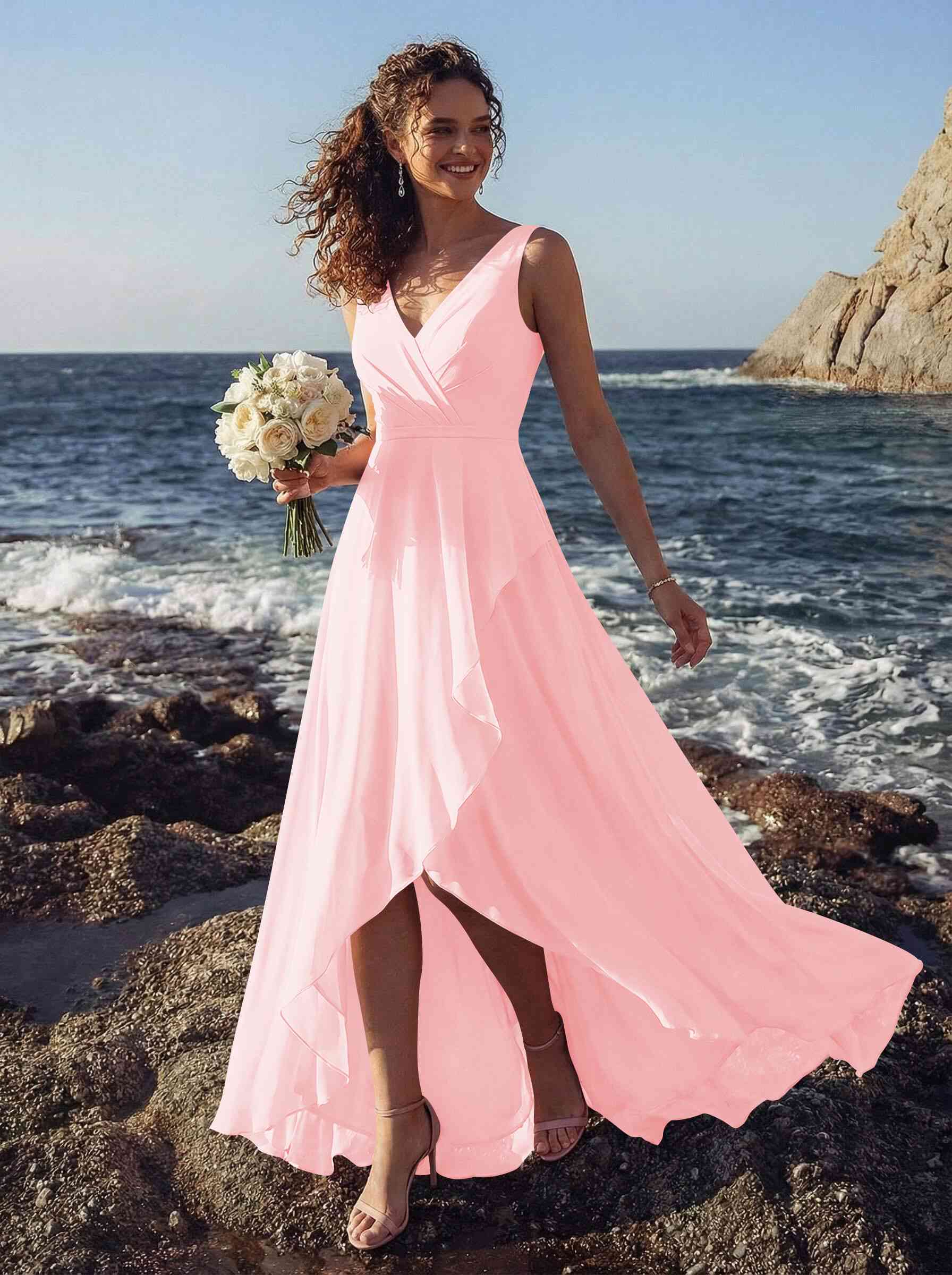 A-Line V-Neck Sleeveless Regular Straps Chiffon Asymmetrical Bridesmaid Dresses With Ruffle, product image 45