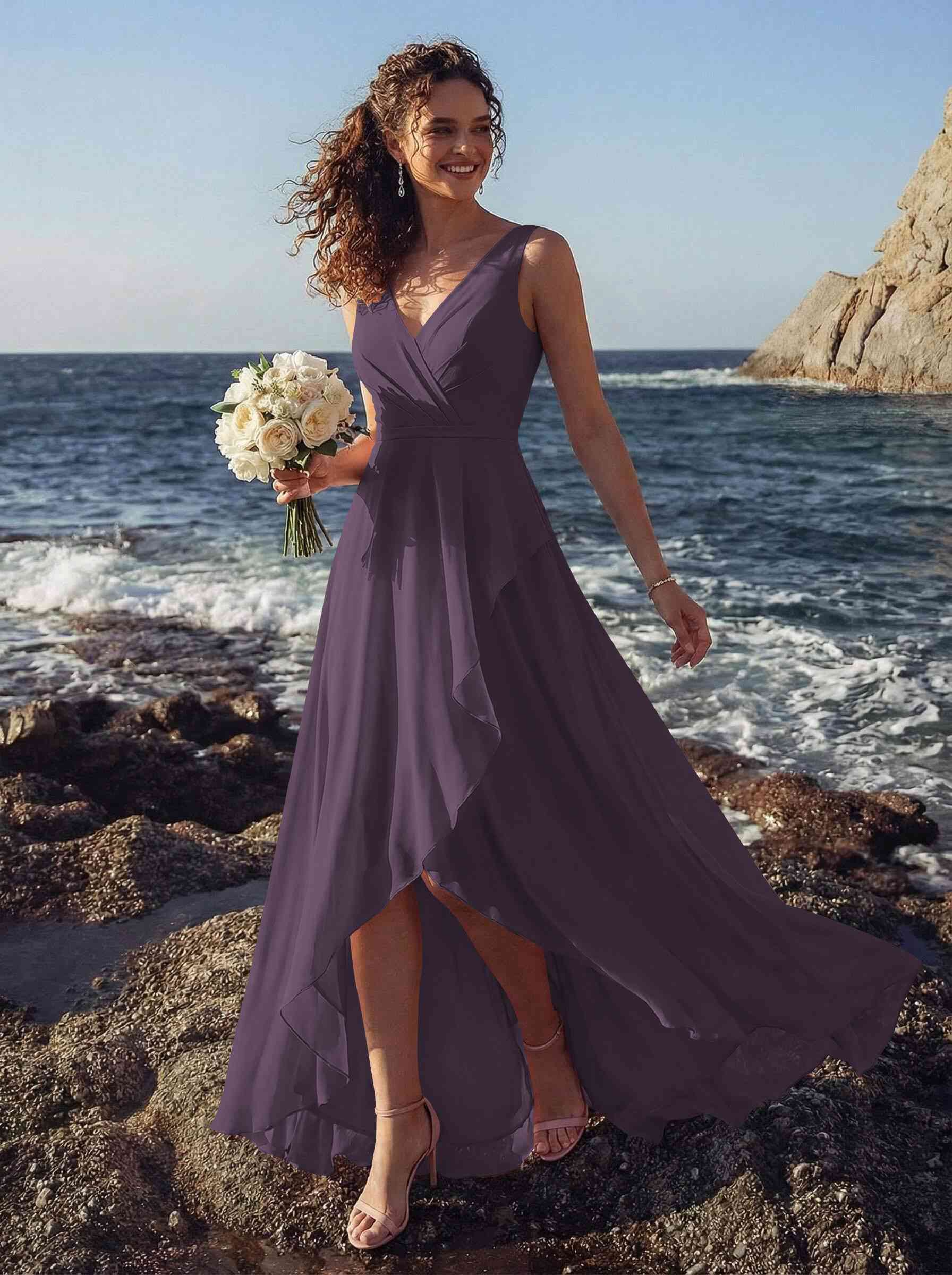 A-Line V-Neck Sleeveless Regular Straps Chiffon Asymmetrical Bridesmaid Dresses With Ruffle, product image 67