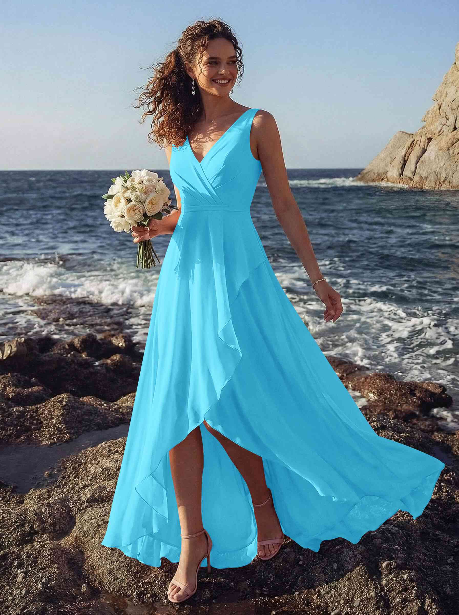 A-Line V-Neck Sleeveless Regular Straps Chiffon Asymmetrical Bridesmaid Dresses With Ruffle, product image 19