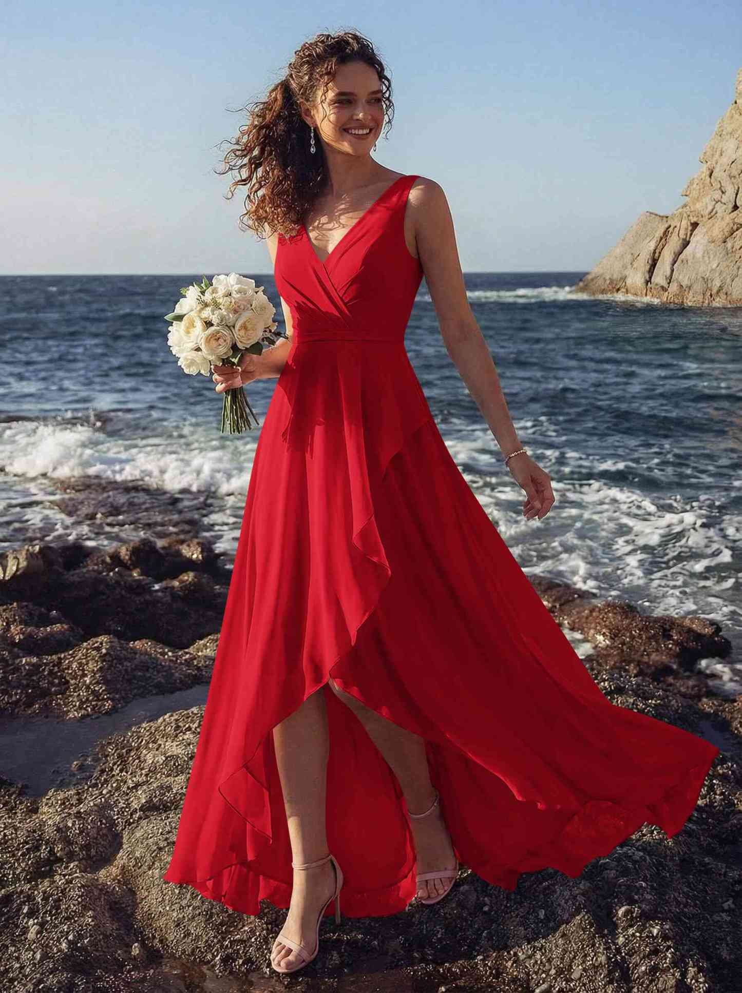 A-Line V-Neck Sleeveless Regular Straps Chiffon Asymmetrical Bridesmaid Dresses With Ruffle, product image 35