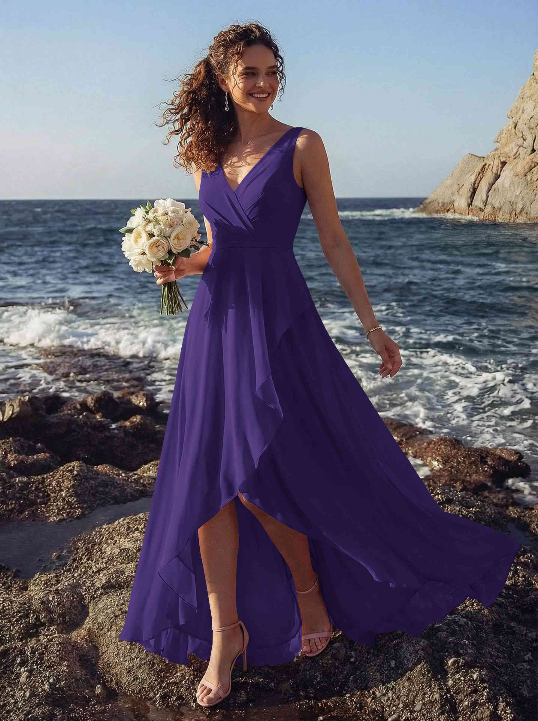 A-Line V-Neck Sleeveless Regular Straps Chiffon Asymmetrical Bridesmaid Dresses With Ruffle, product image 77