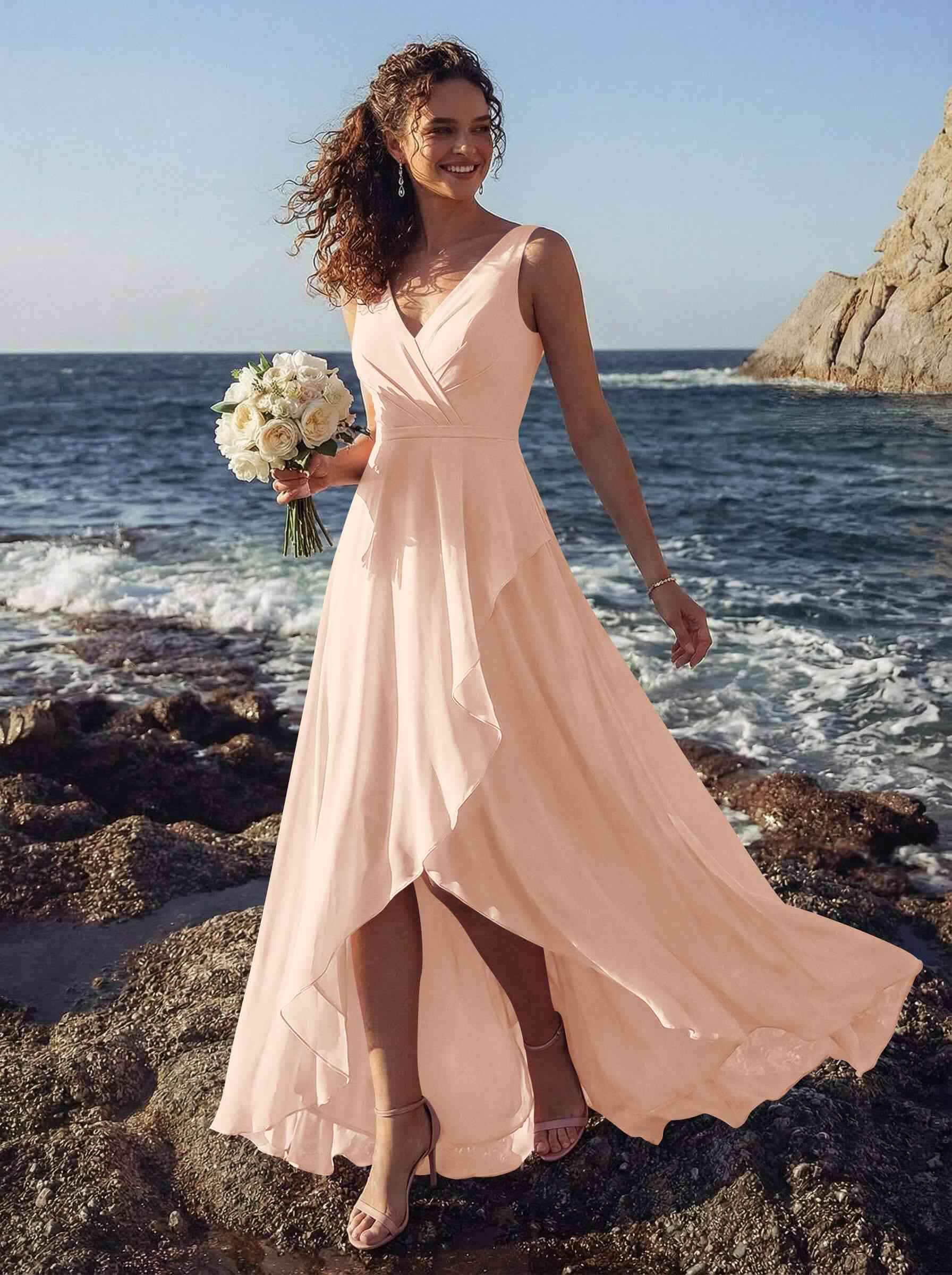 A-Line V-Neck Sleeveless Regular Straps Chiffon Asymmetrical Bridesmaid Dresses With Ruffle, product image 125
