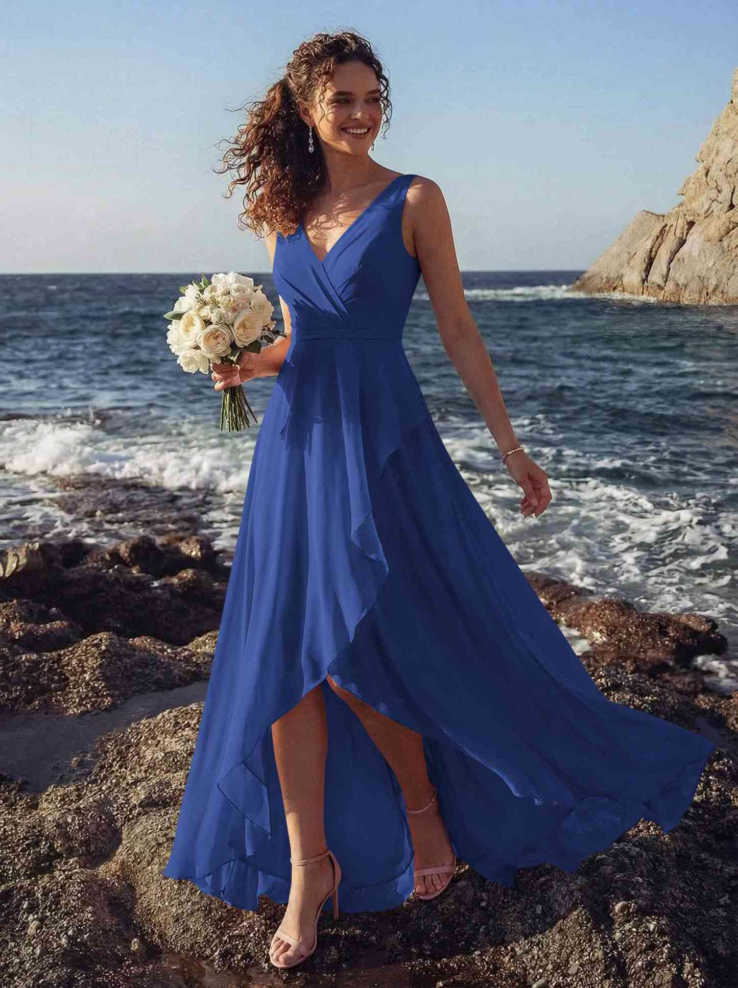 A-Line V-Neck Sleeveless Regular Straps Chiffon Asymmetrical Bridesmaid Dresses With Ruffle, product image 15