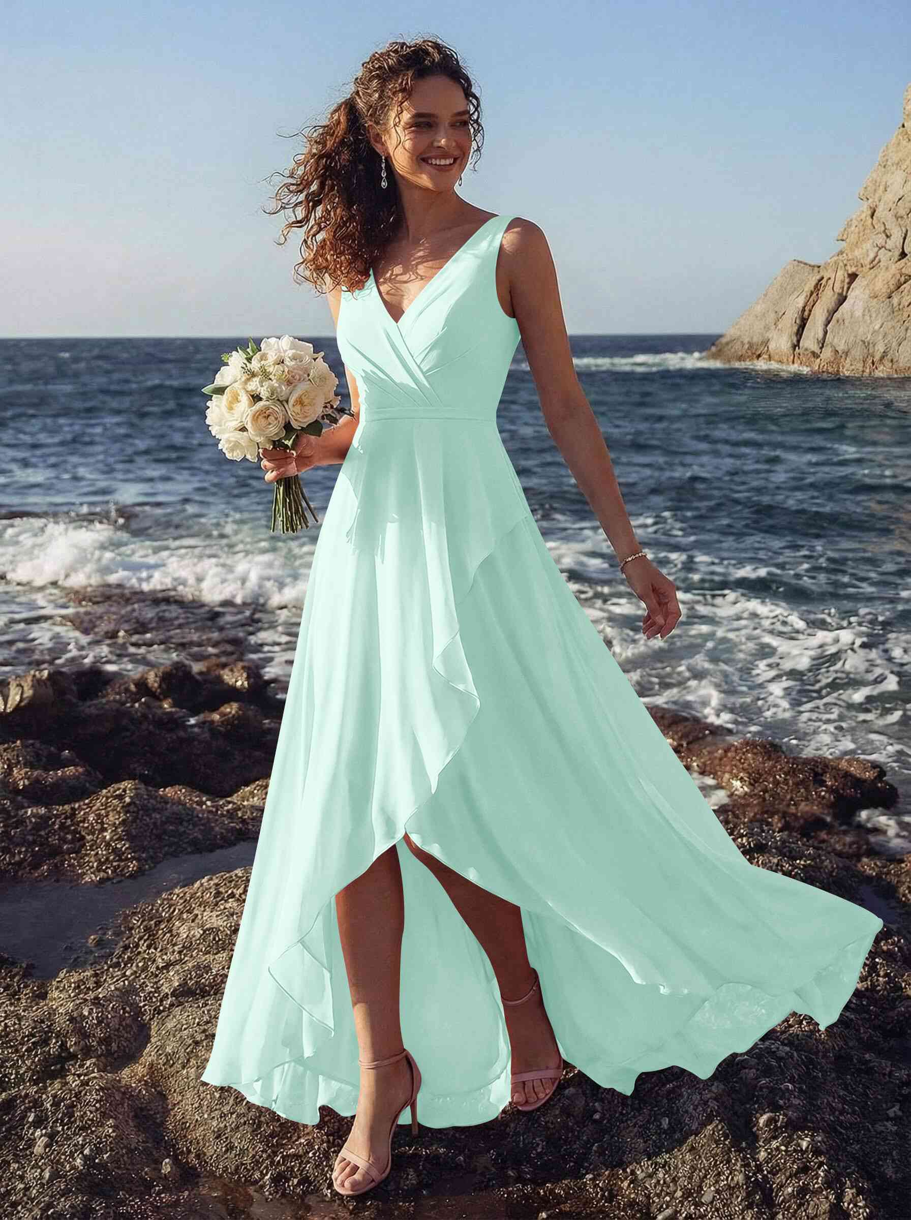 A-Line V-Neck Sleeveless Regular Straps Chiffon Asymmetrical Bridesmaid Dresses With Ruffle, product image 89