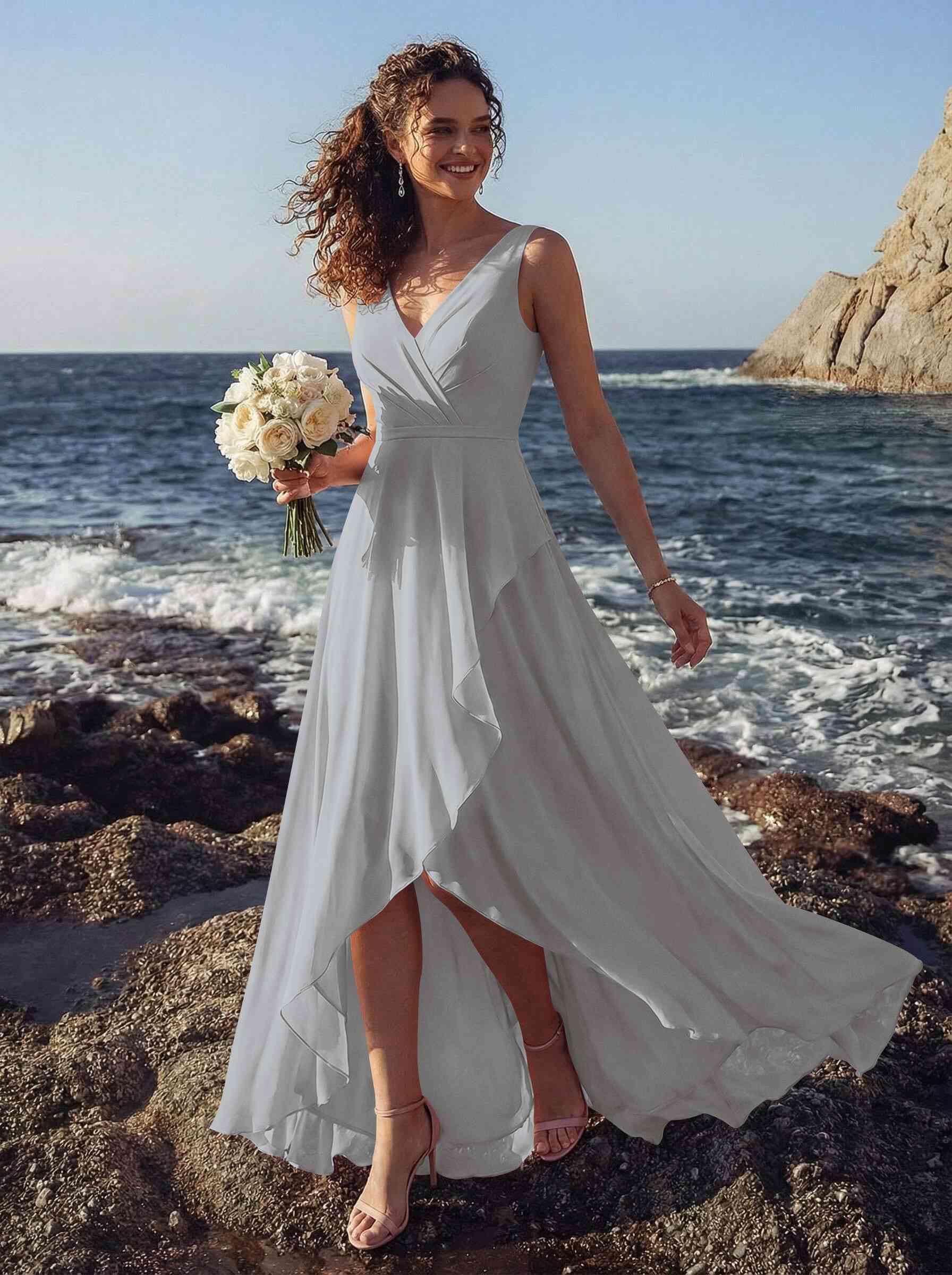 A-Line V-Neck Sleeveless Regular Straps Chiffon Asymmetrical Bridesmaid Dresses With Ruffle, product image 113