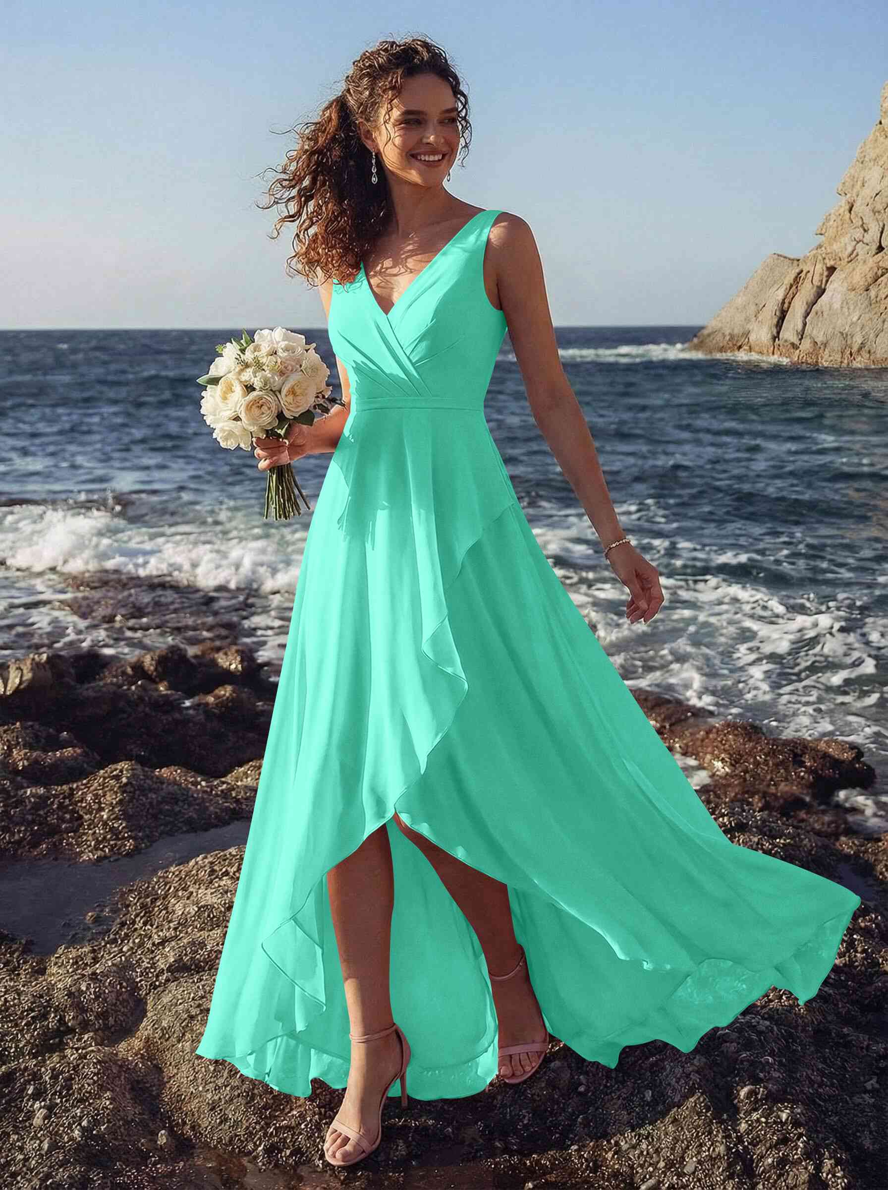 A-Line V-Neck Sleeveless Regular Straps Chiffon Asymmetrical Bridesmaid Dresses With Ruffle, product image 93