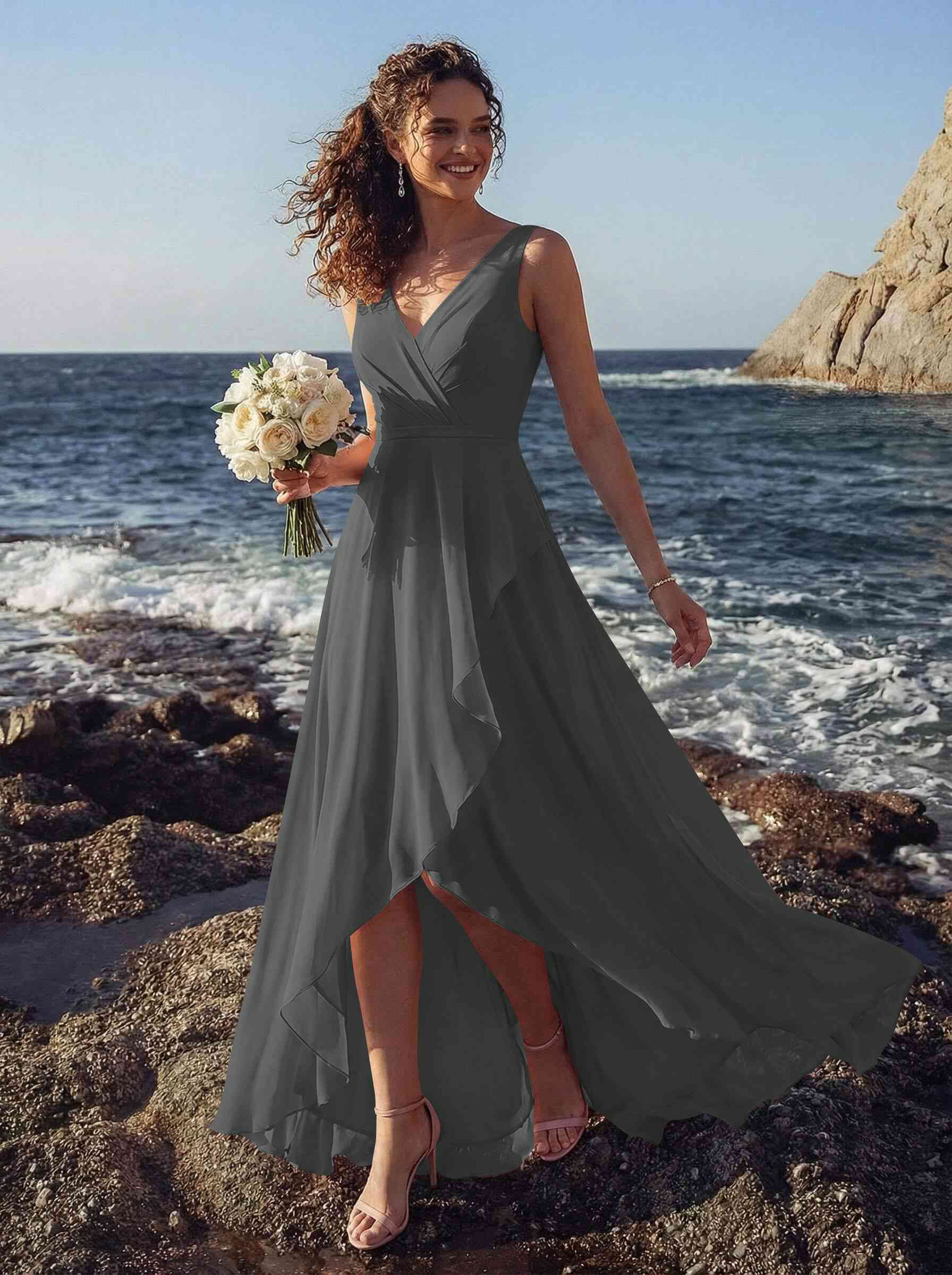A-Line V-Neck Sleeveless Regular Straps Chiffon Asymmetrical Bridesmaid Dresses With Ruffle, product image 115